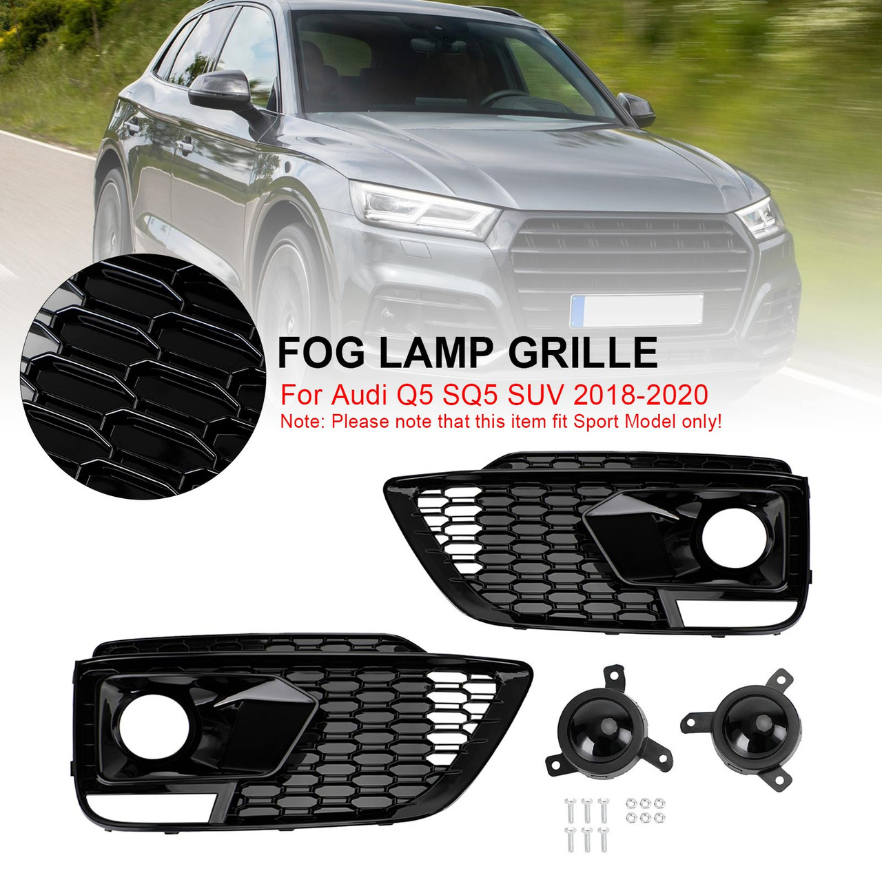 18-20 Audi Q5 SQ5 RSQ5 Black Front Honeycomb Fog Lamp Grilles Cover