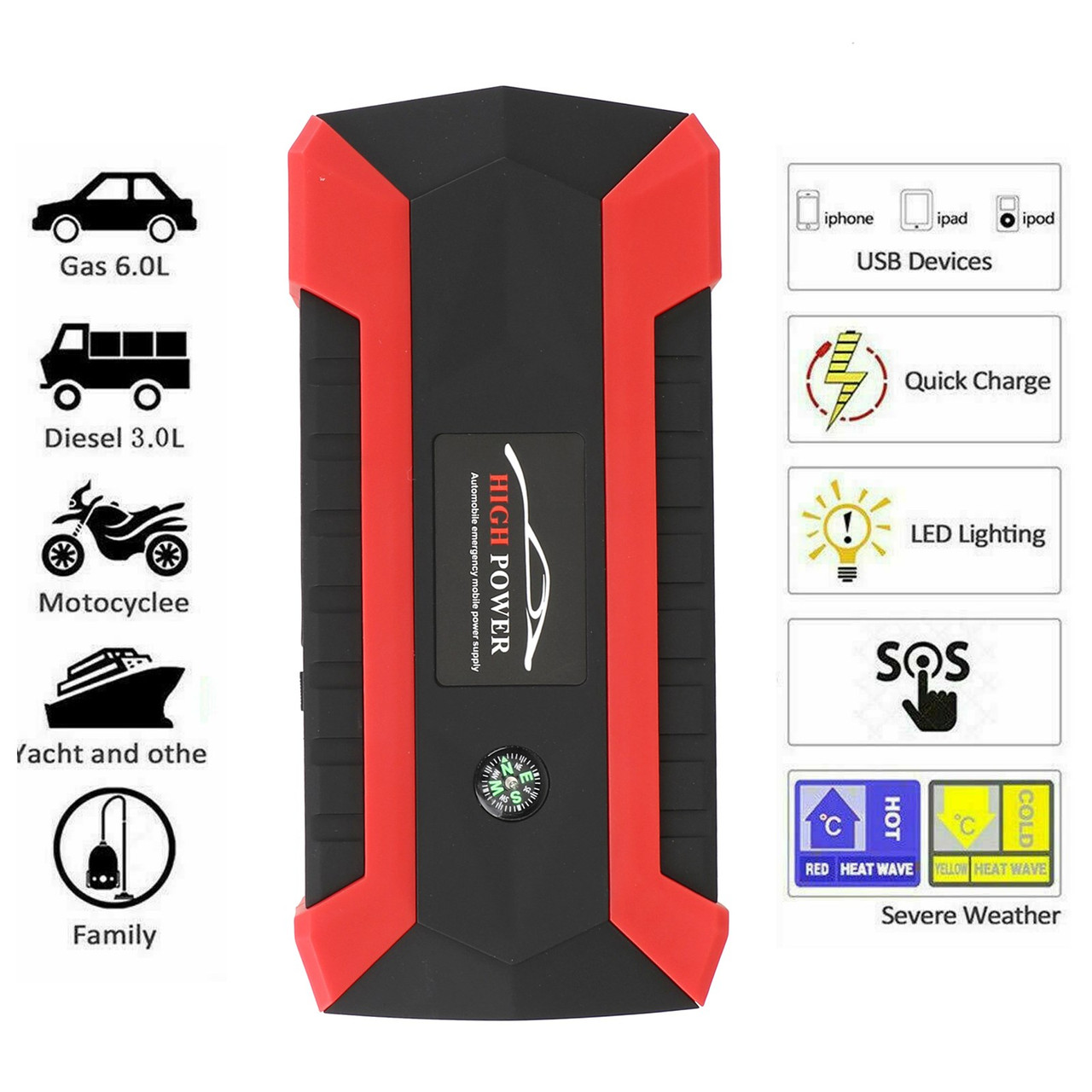 89800mAh 12V Car Jump Starter 4USB Charger Emergency Battery Power Bank Kit