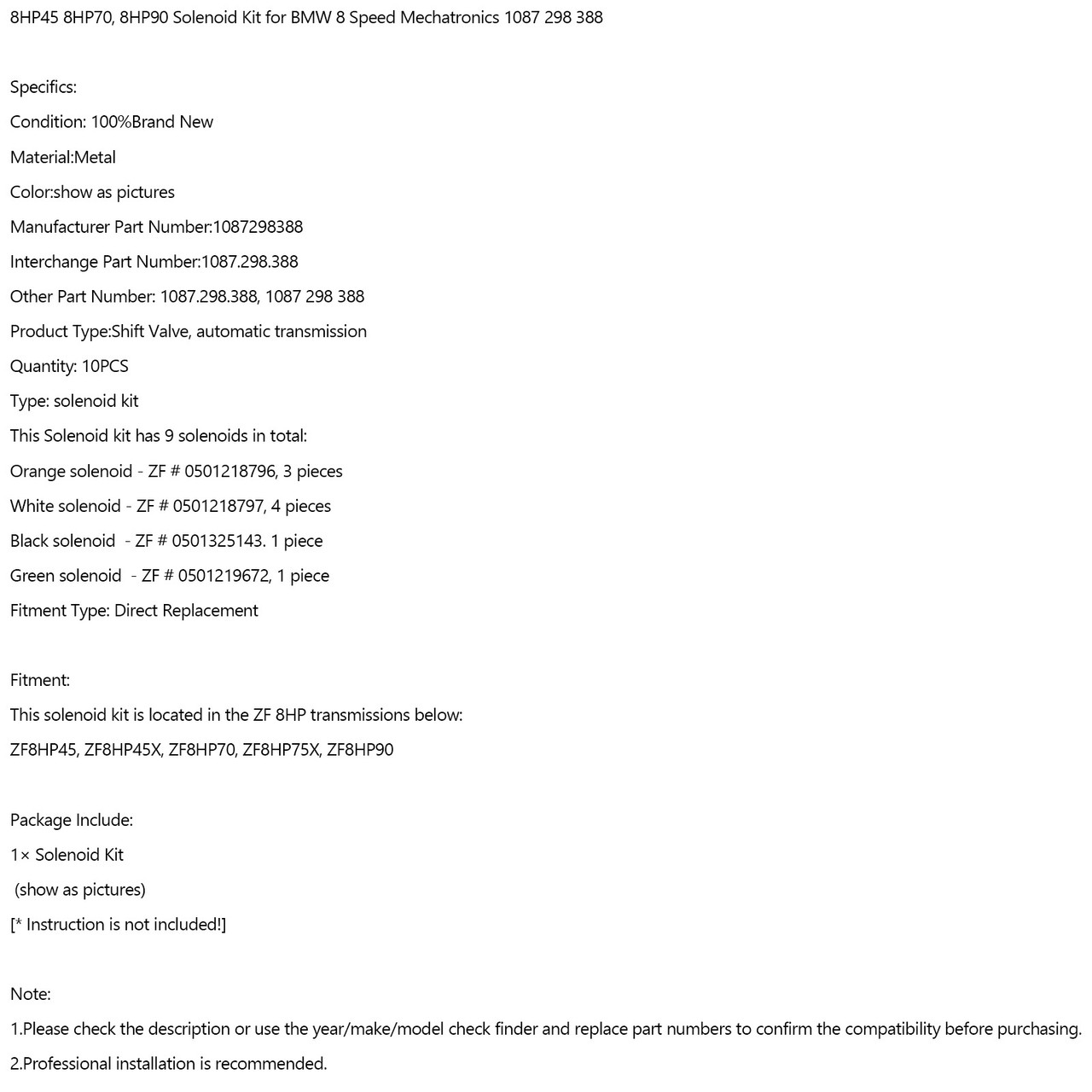 8HP45 8HP70, 8HP90 Solenoid Kit for BMW 8 Speed Mechatronics 1087 298 388