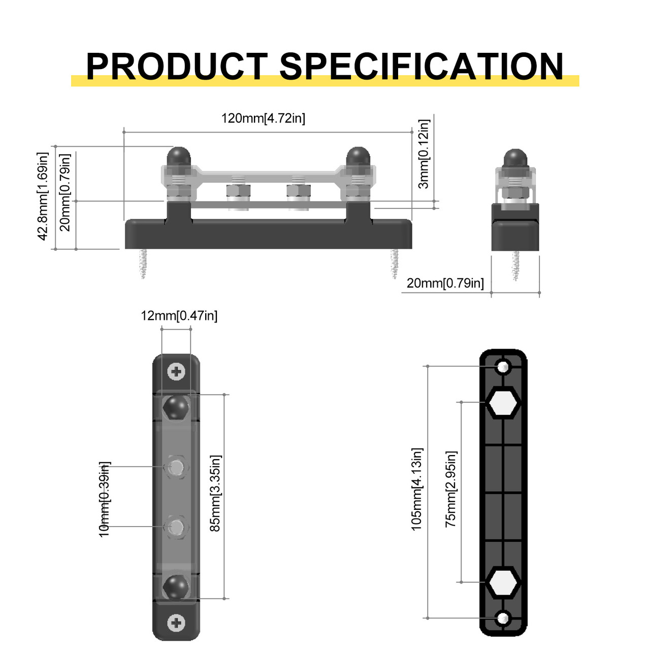 2 Way 150A Car Bus Bar Block with Dust Cover Ground Distribution Block Terminal