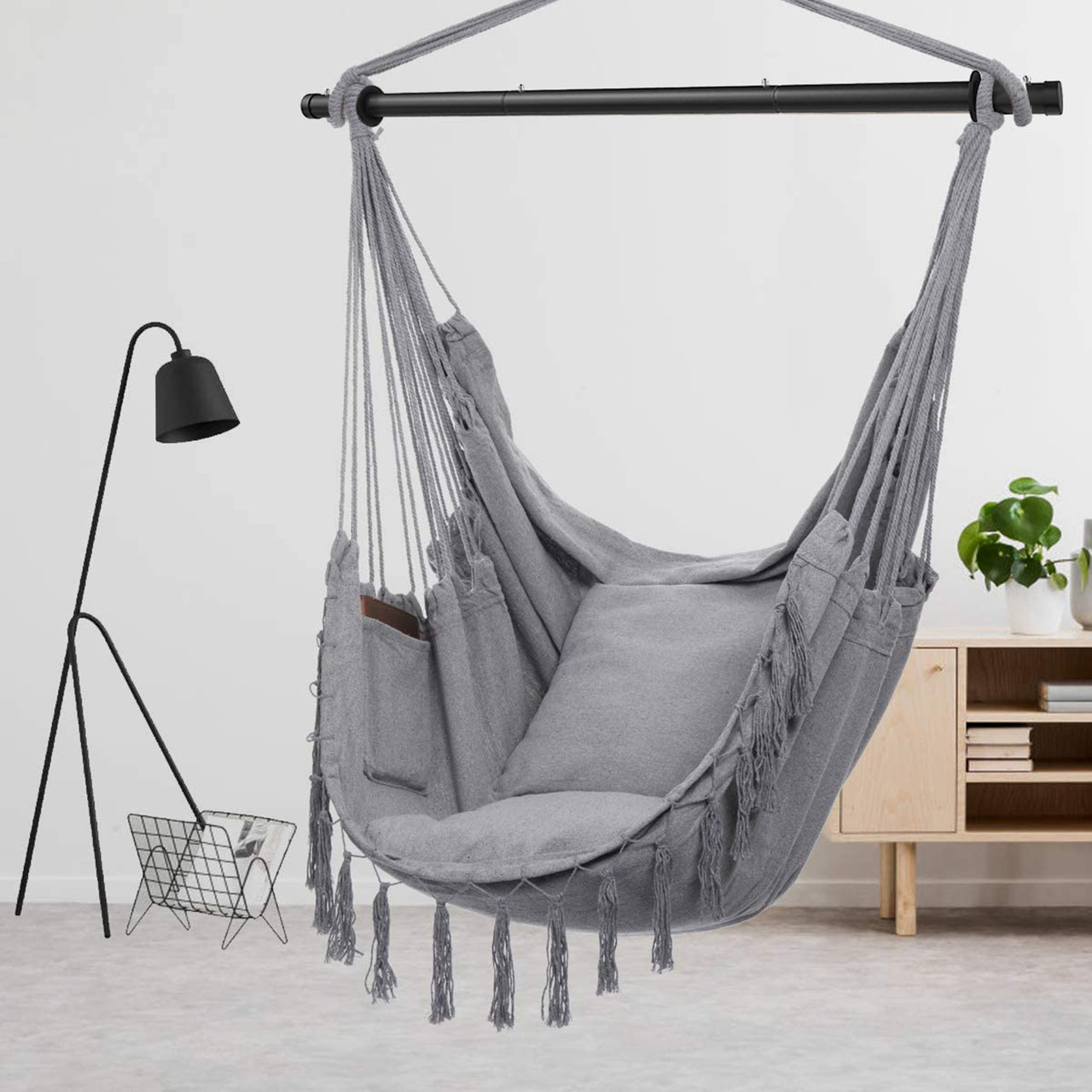 Indoor/Outdoor Hammock Chair Hanging Rope Swing With Cushions 150KG Load Bearing Gray