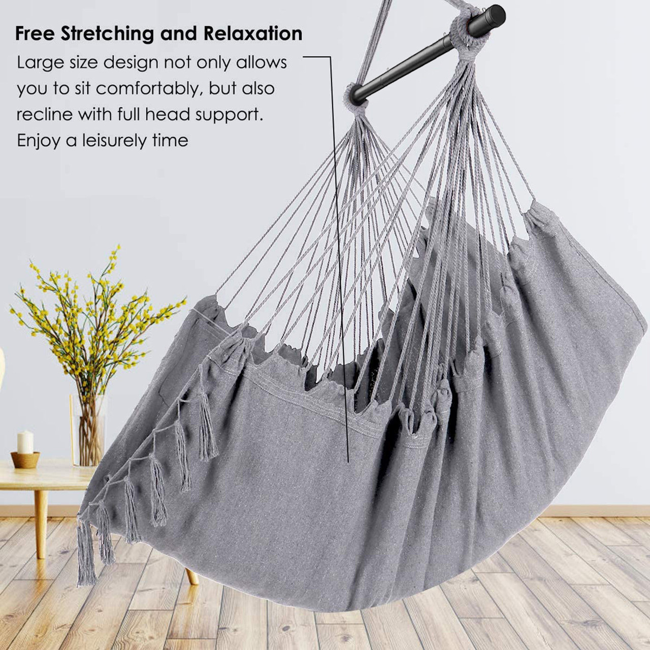 Indoor/Outdoor Hammock Chair Hanging Rope Swing With Cushions 150KG Load Bearing Gray