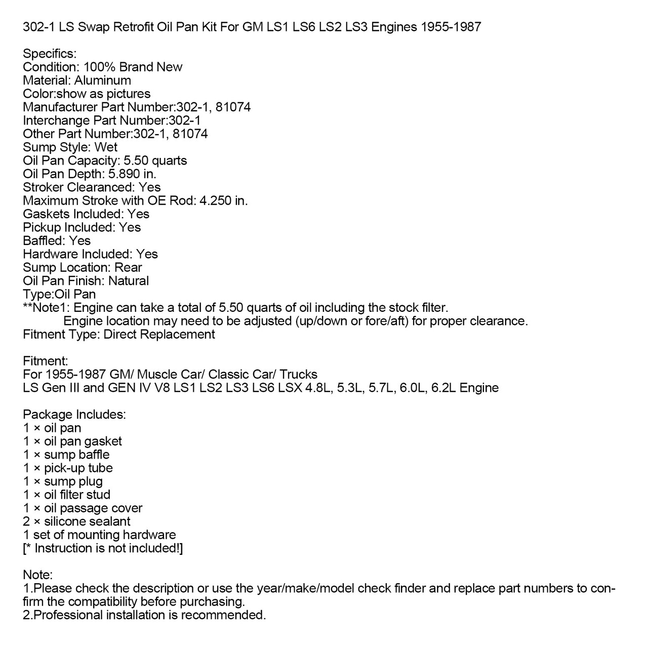 1955-1987 GM LS1 LS6 LS2 LS3 Engines 302-1 LS Swap Retrofit Oil Pan Kit