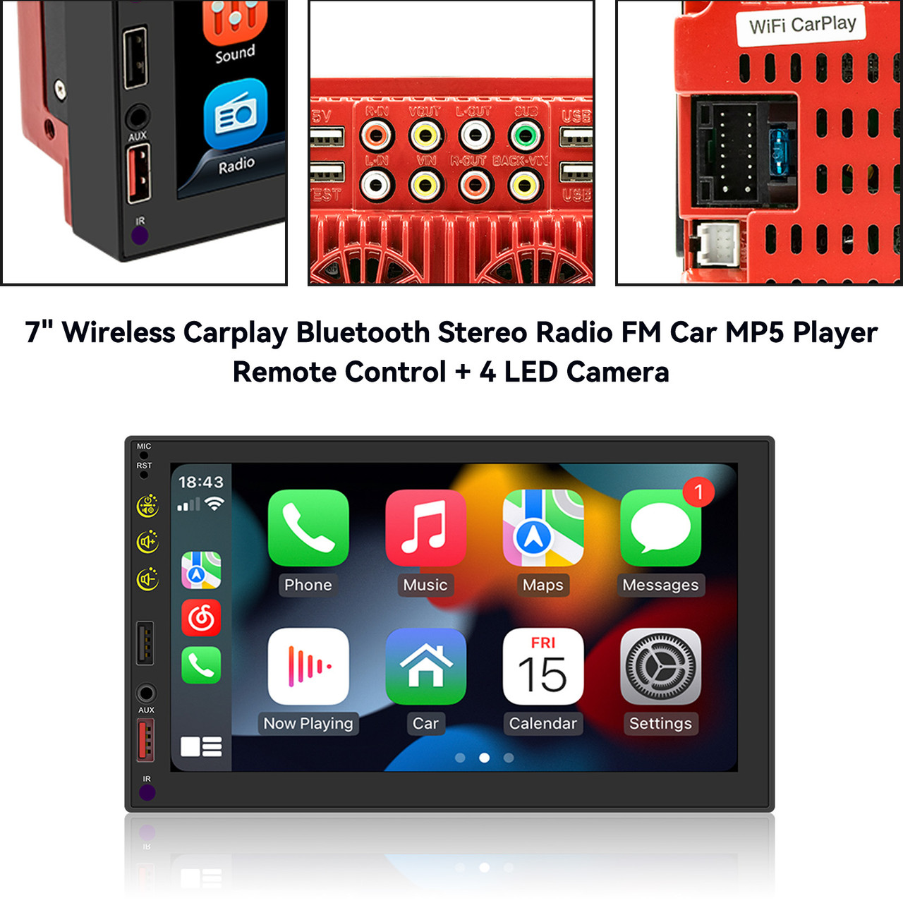 7" Wireless Carplay Bluetooth Stereo Radio FM Car MP5 Player + 4 LED Camera