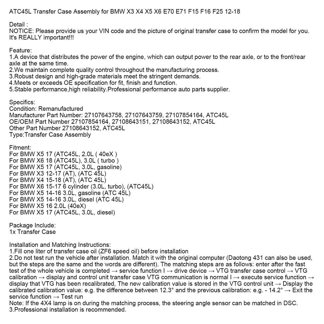 BMW X3 2012-2017 ATC45L Transfer Case Assembly