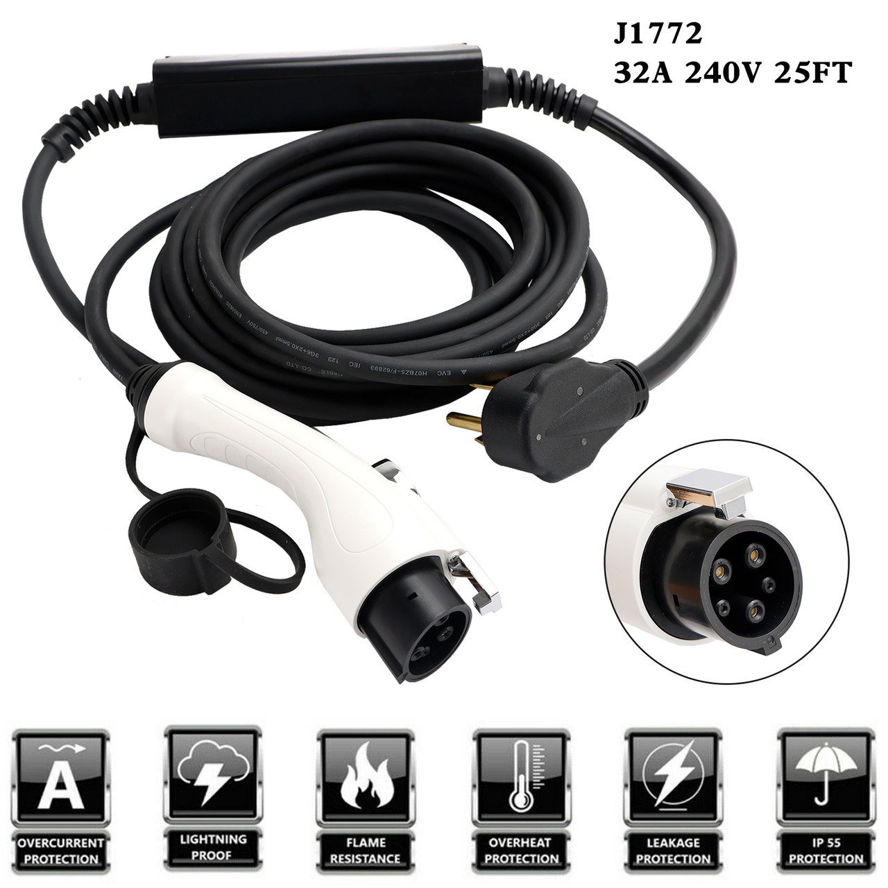 Protable Level 2 EV Charging Cable J1772 US Plug Electric Car Charger 32A 240V 25FT=7.62m