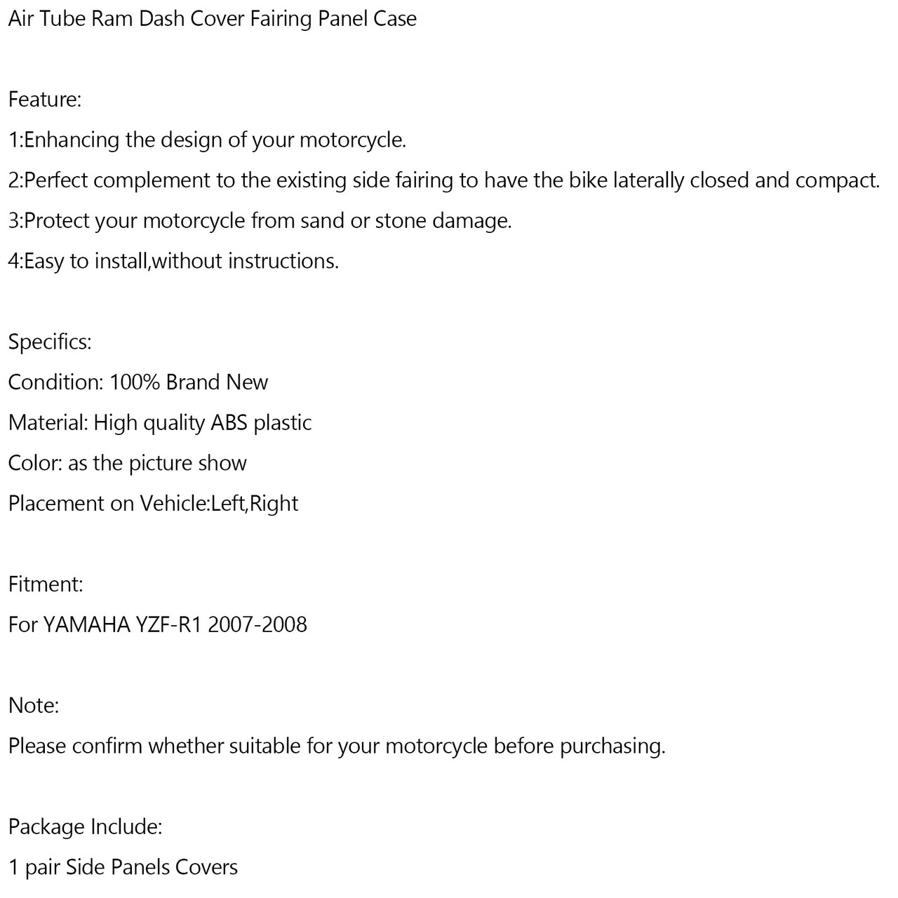 Front Air Tube Ram Dash Cover Fairing Panel Case Yamaha YZF R1 2007 2008