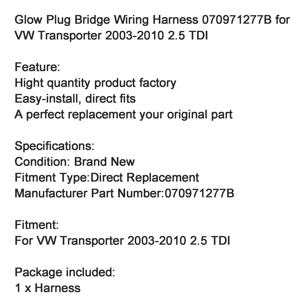 Glow Plug Bridge Wiring Harness 070971277B for VW Transporter 2003-2010 2.5 TDI