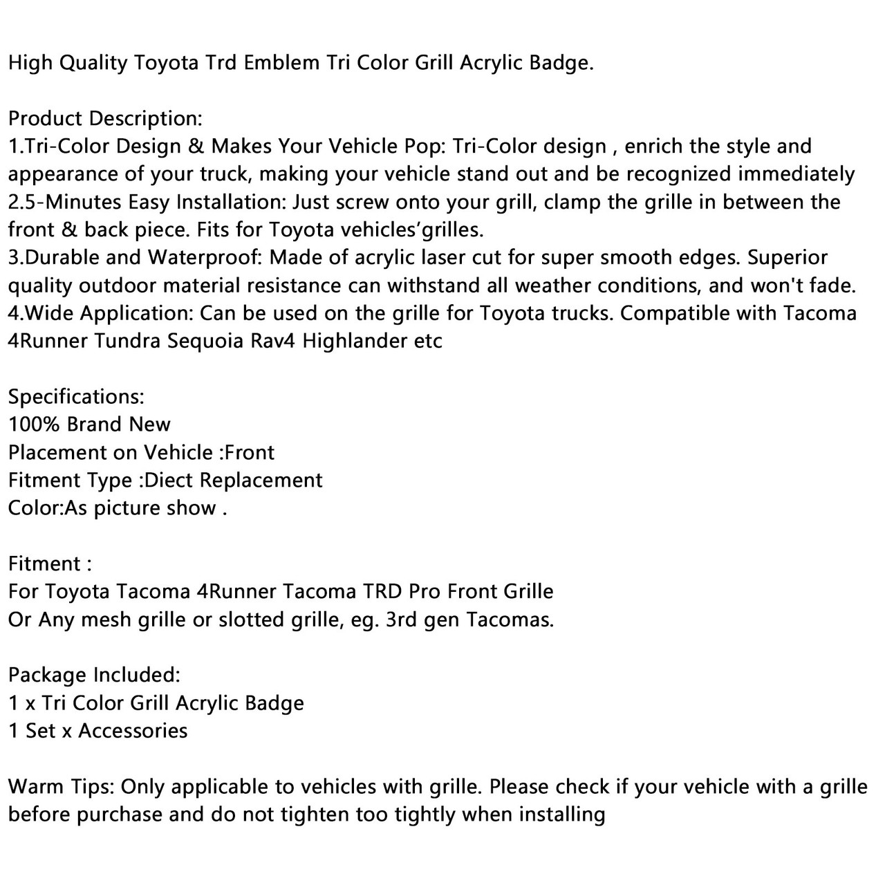 Tri-color 3 Grille Badge emblem For Toyota Tacoma 4Runner Tundra Highlander #C