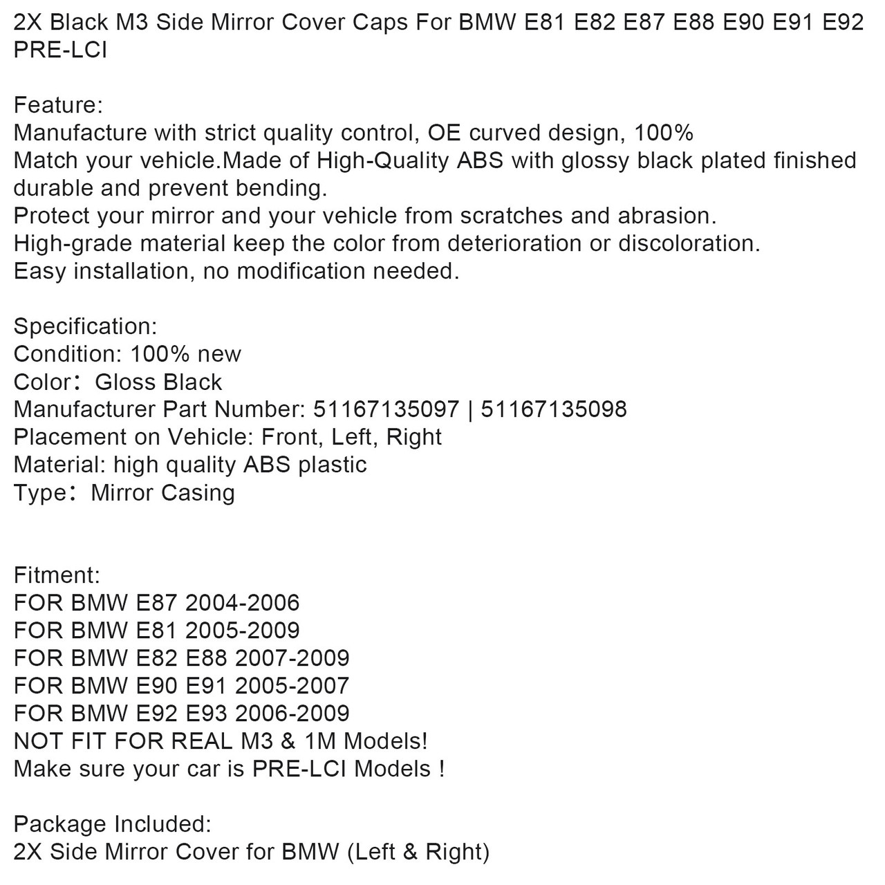 Black M3 Side Mirror Cover Caps for BMW E81 E82 E87 E88 E90 E91 E92 PRE-LCI