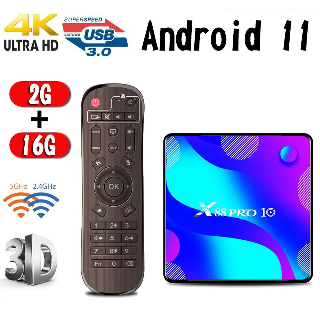 X88 Pro 10 Android 11.0 16G+2G Tv Box 4K Rk3318 Wifi Bt Media Player 100M