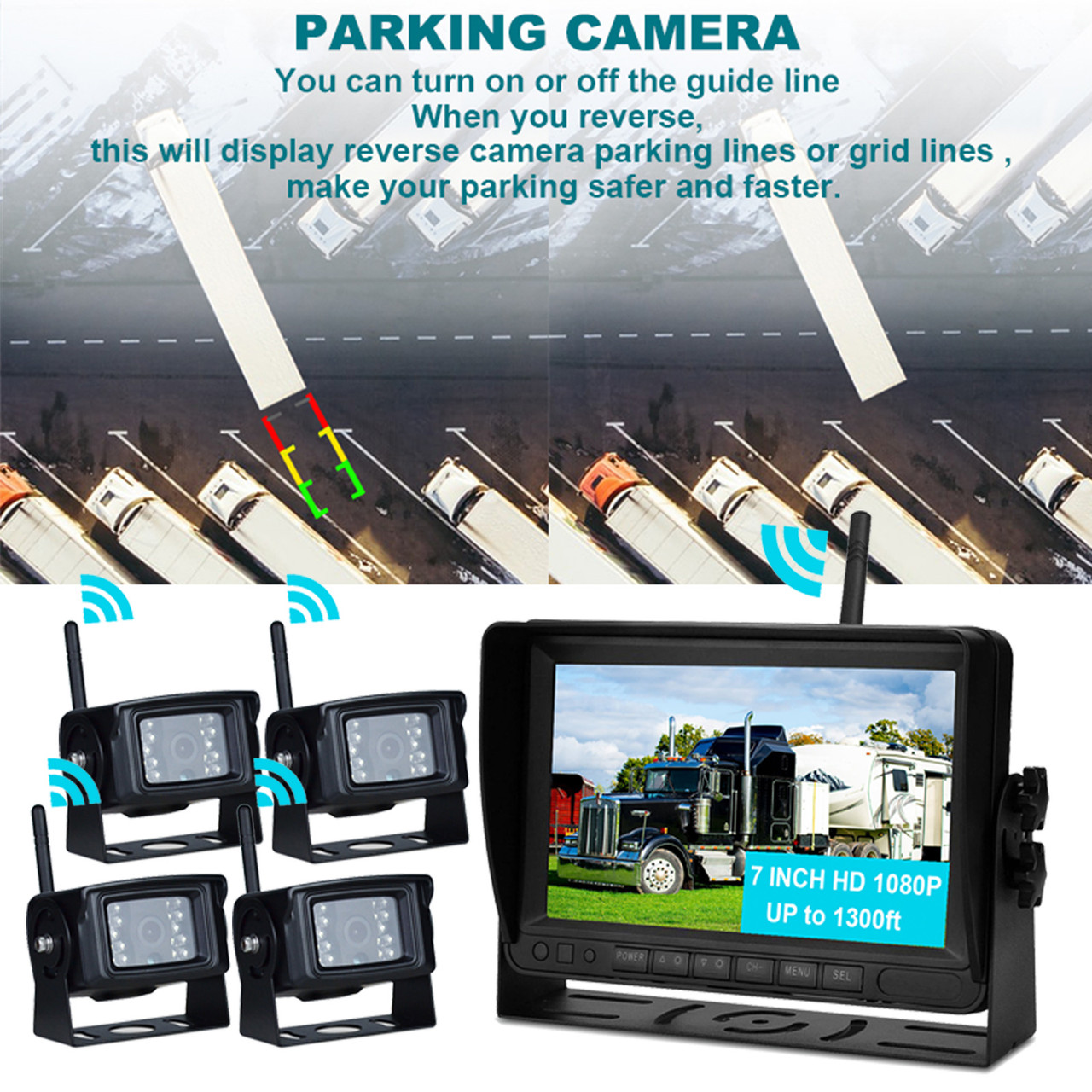 7" Display AHD 1080P Wireless 4CH Rear View Backup Camera Kit for Truck Trailer