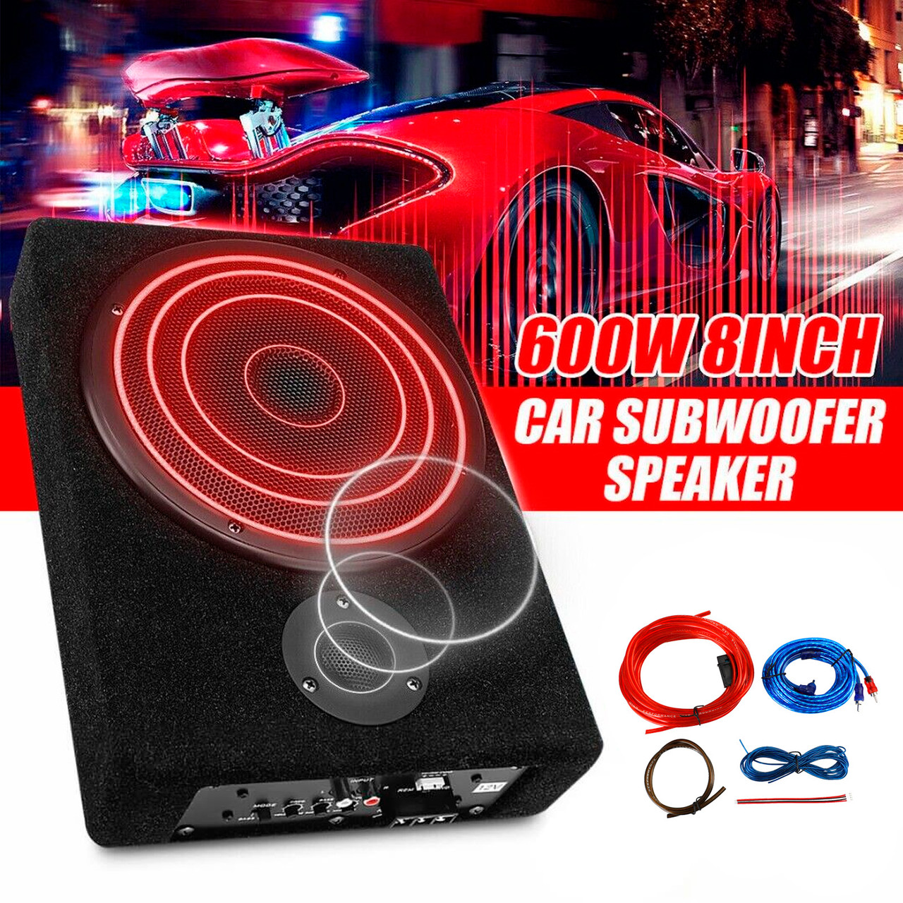 8" 600W Car Subwoofer Under-Seat Amplifier Speaker Audio Sub Woofer Slim Box US