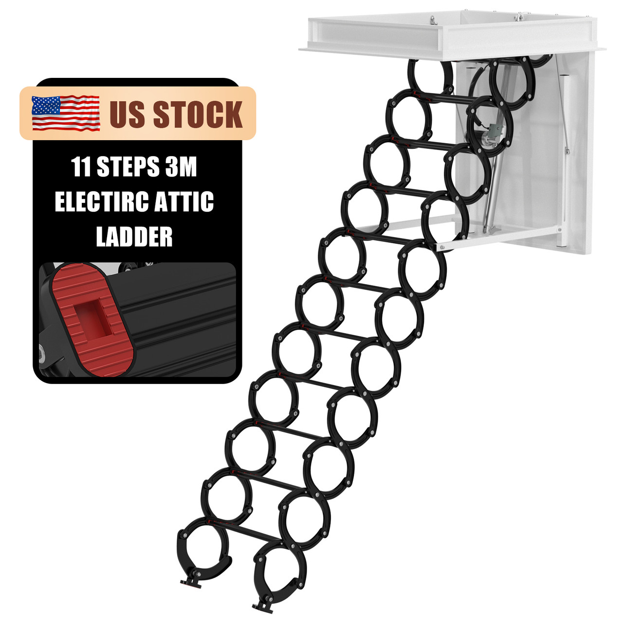 11 Steps 3m Electirc Attic Ladder Aluminum Folding With Remote Loft 31.5*35.4"