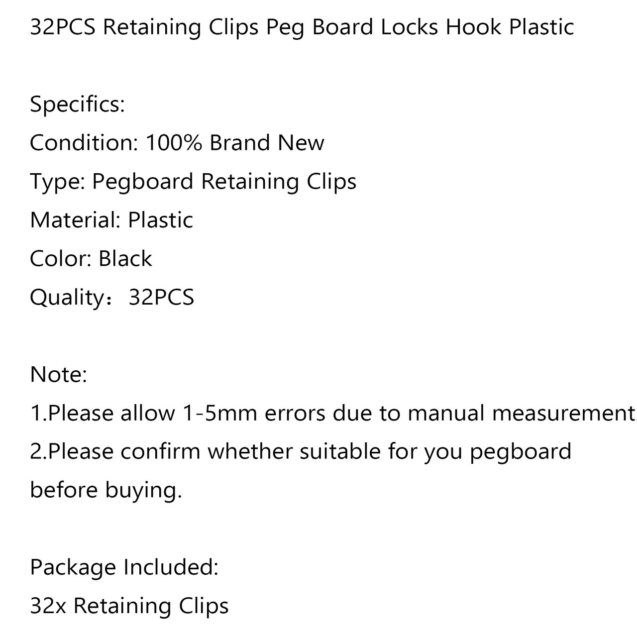 32PCS Plastic Retaining Clips Peg Board Locks Hook For Garage Organization