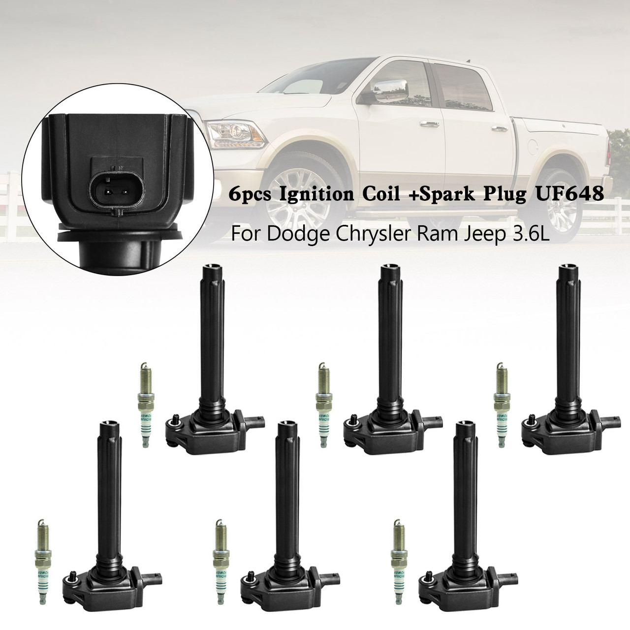 6pcs Ignition Coil +Spark Plug UF648 For Dodge Chrysler Ram Jeep