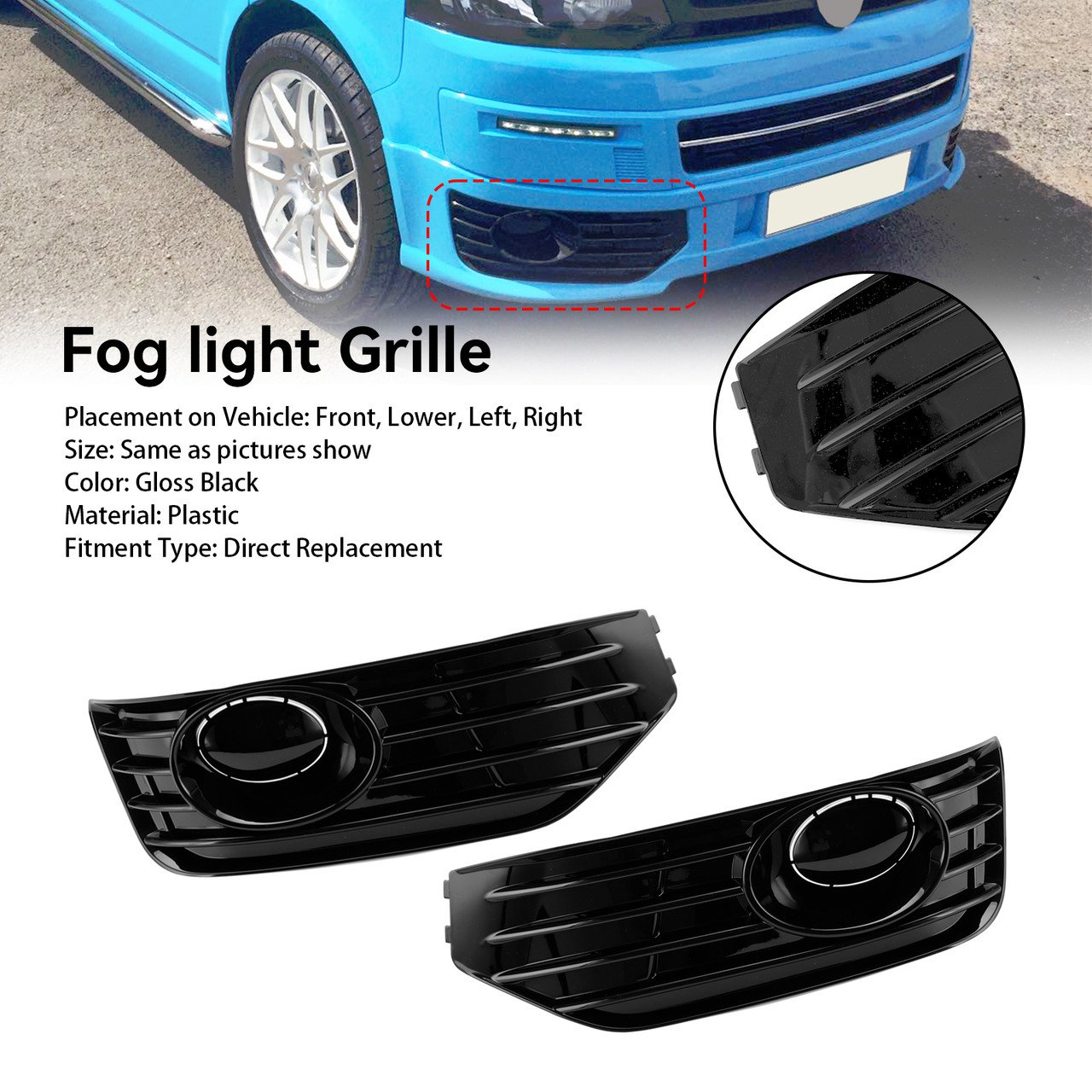 Fog Lamp Light Cover Insert S-line Grill Fit VW T5 T5.1 2010-2015 Gloss Black