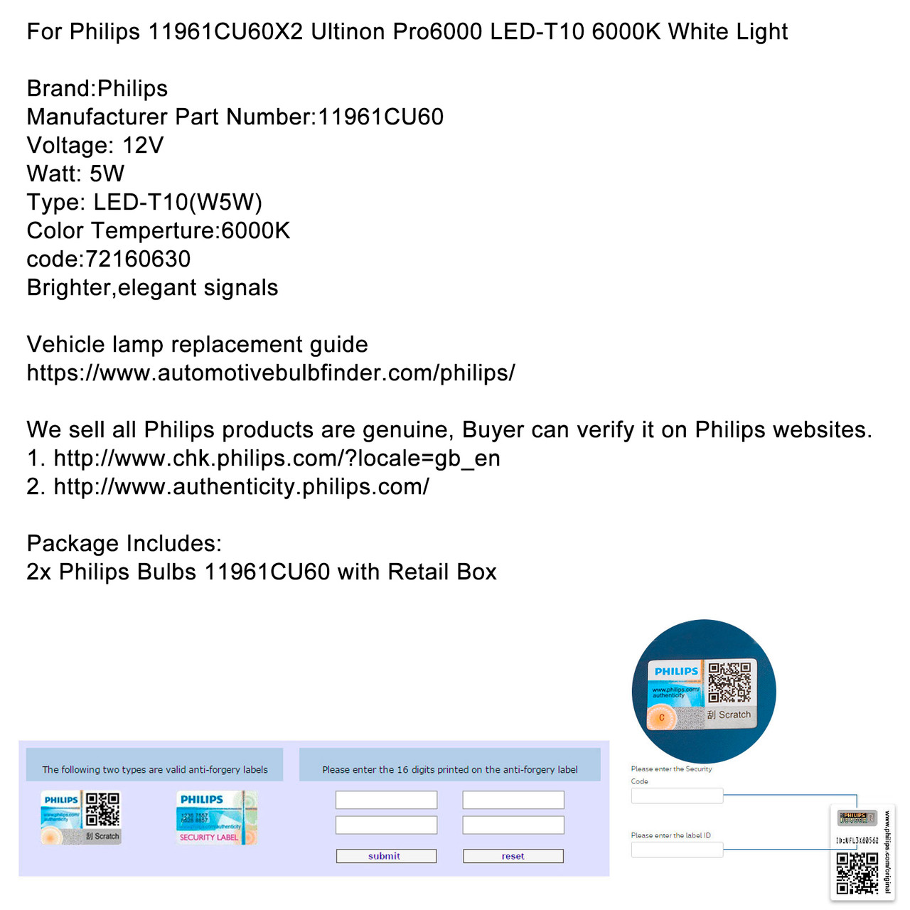For Philips 11961CU60X2 Ultinon Pro6000 LED-T10 6000K White Light