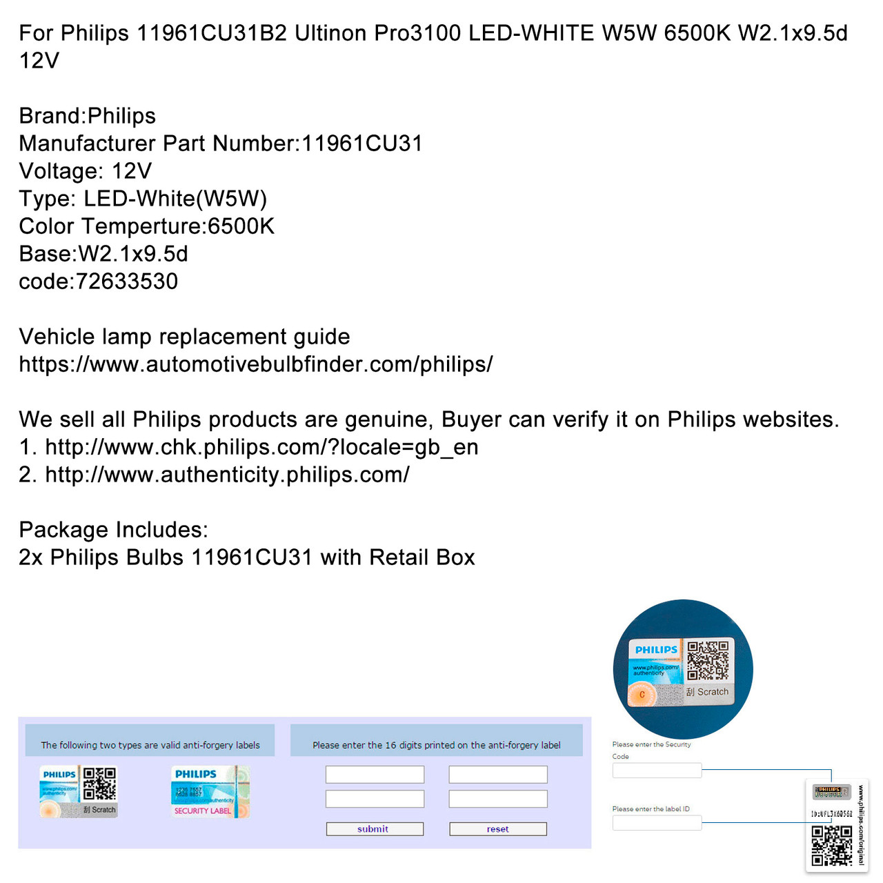 For Philips 11961CU31B2 Ultinon Pro3100 LED-WHITE W5W 6500K W2.1x9.5d 12V