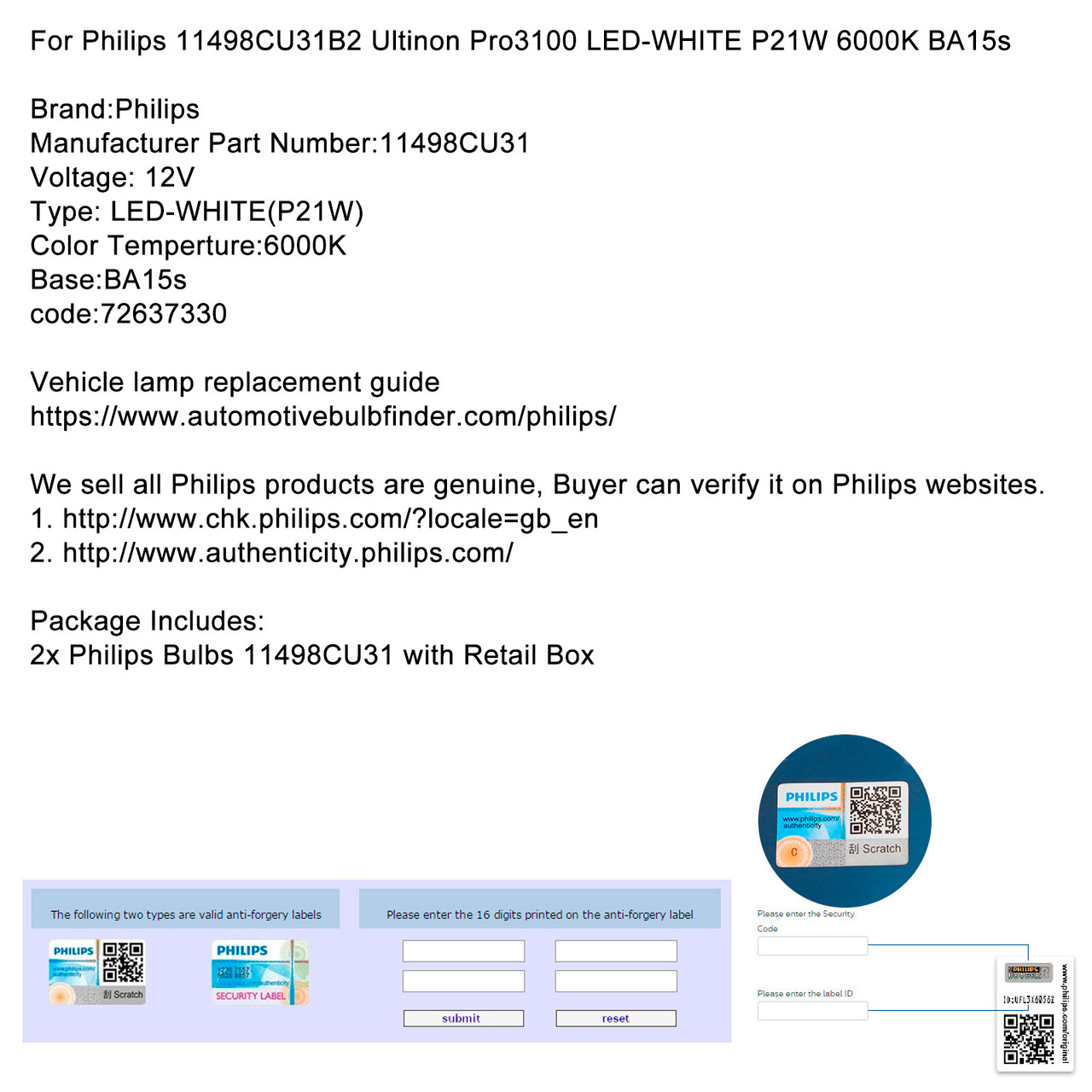For Philips 11498CU31B2 Ultinon Pro3100 LED-WHITE P21W 6000K BA15s