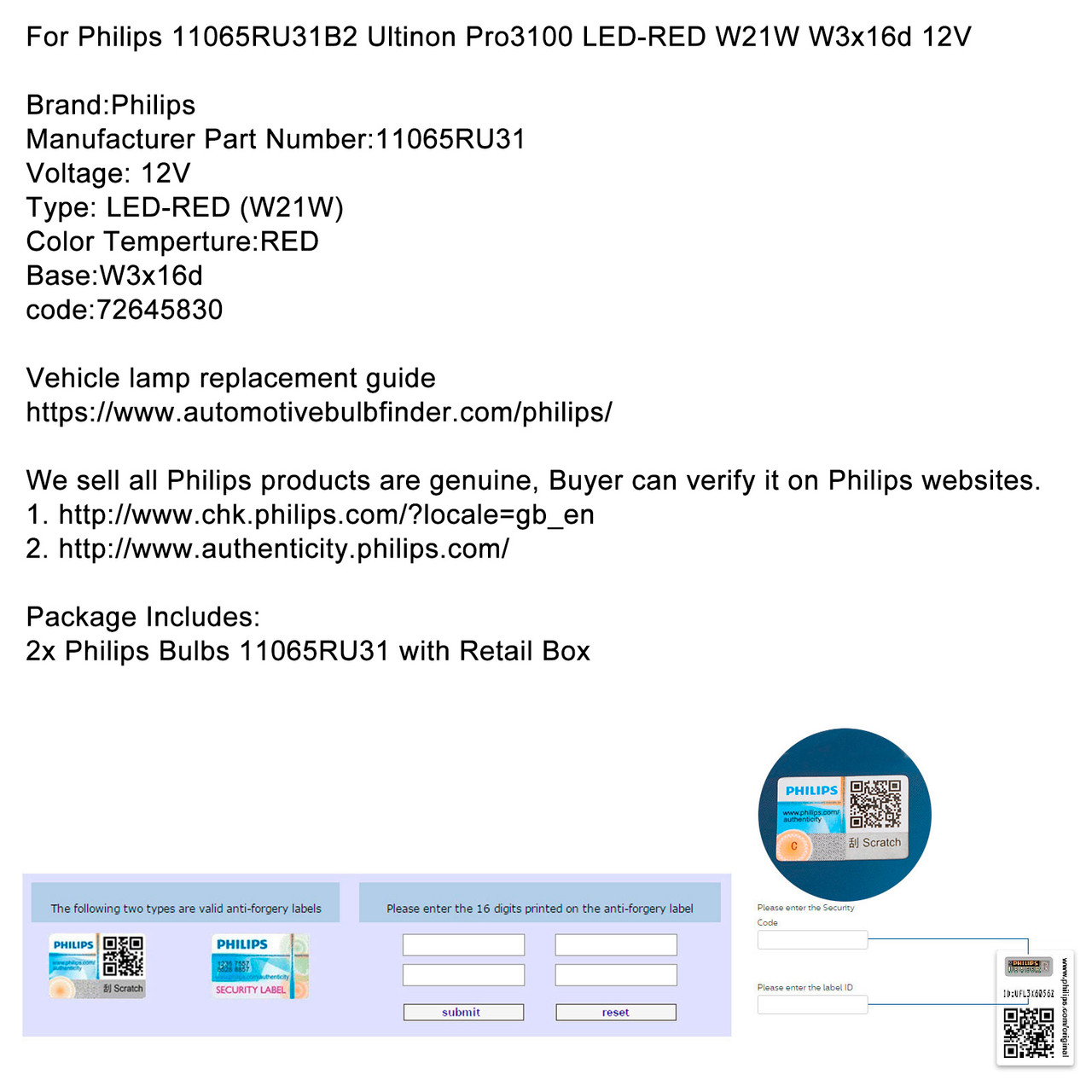 For Philips 11065RU31B2 Ultinon Pro3100 LED-RED W21W W3x16d 12V