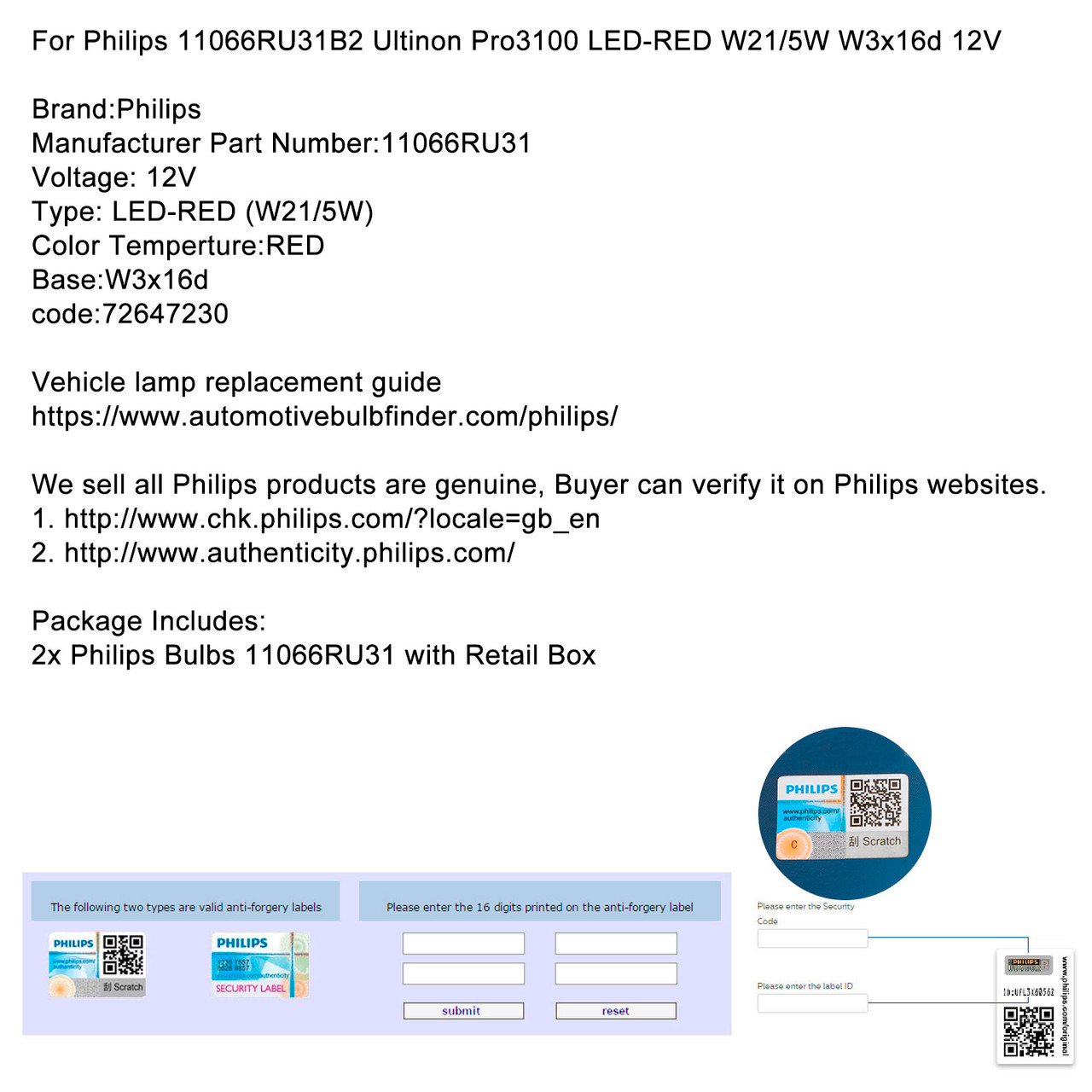 For Philips 11066RU31B2 Ultinon Pro3100 LED-RED W21/5W W3x16d 12V
