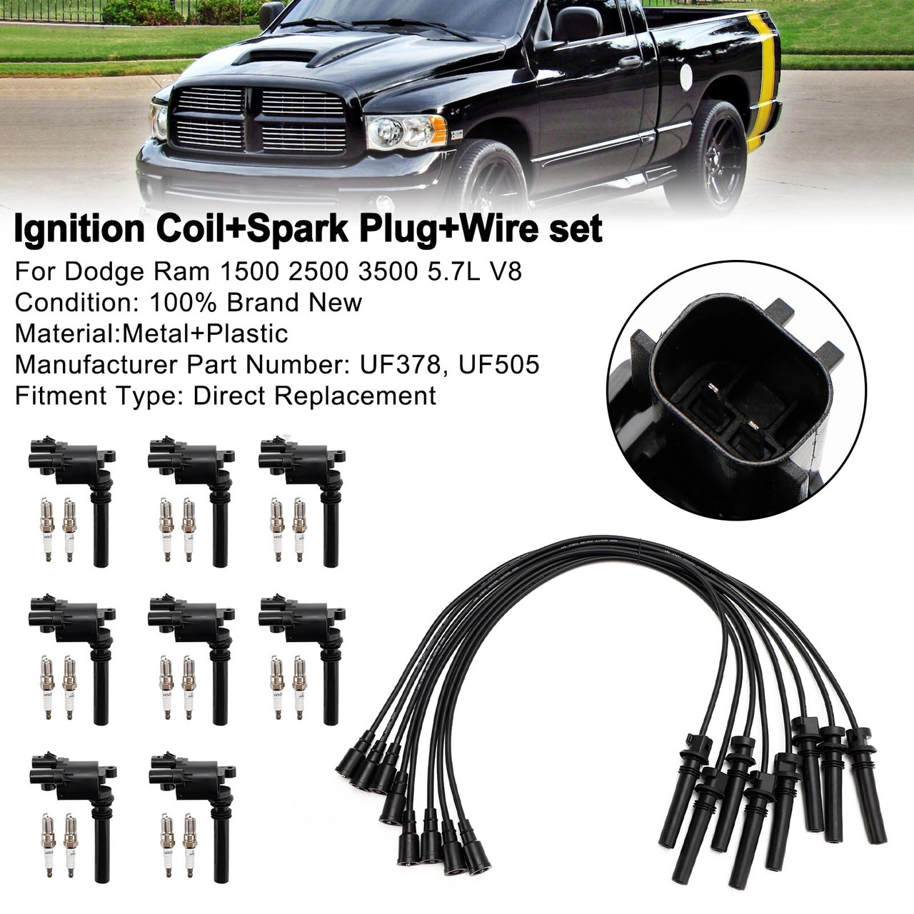 UF378 Ignition Coil+Spark Plug+Wire set For Dodge Ram 1500 2500 3500 5.7L V8