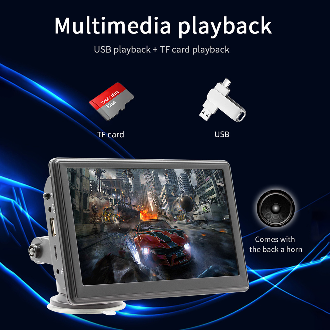 7" Portable Wireless Carplay Car MP5 Player Bluetooth Stereo Radio 4 LED Camera