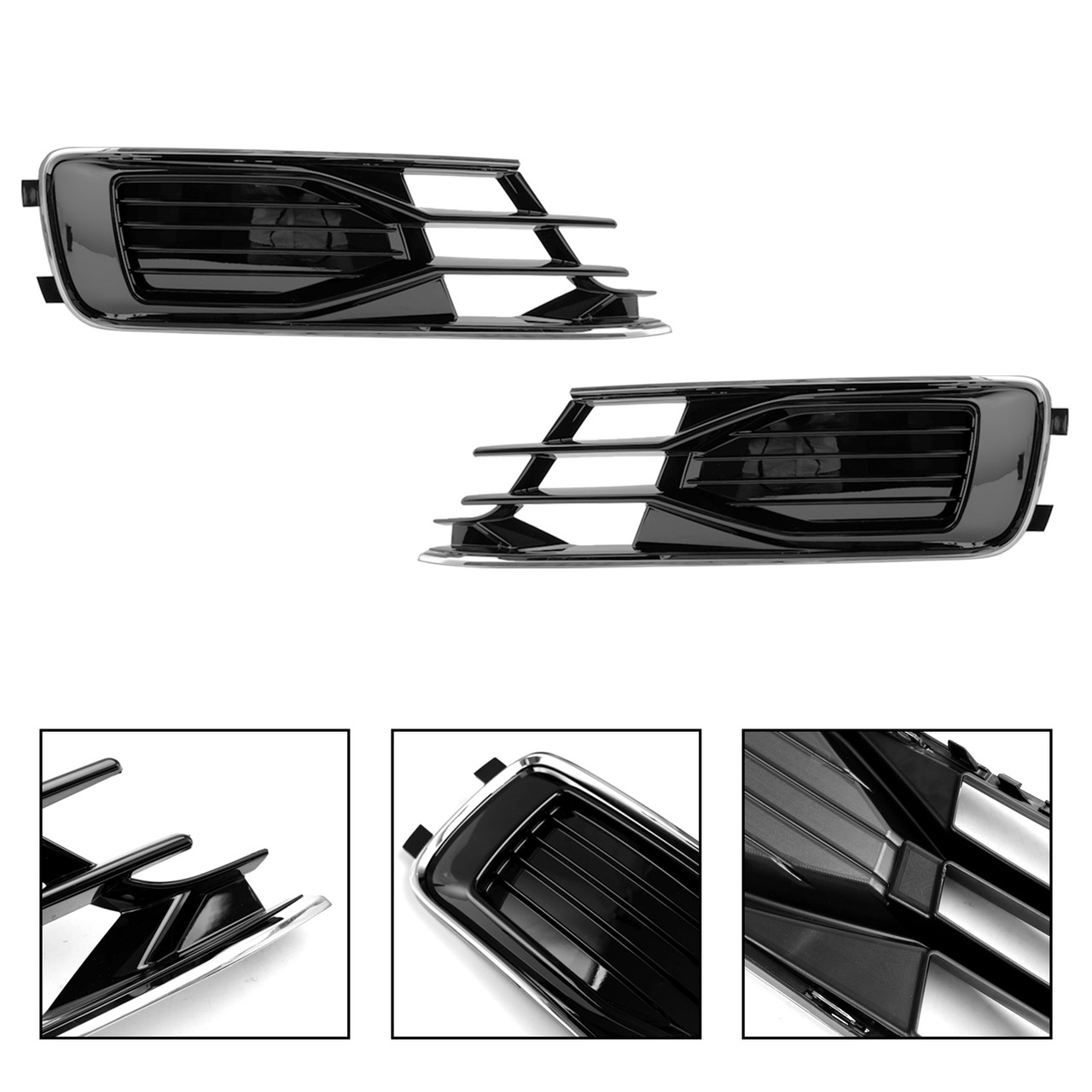 2PCS Front Bumper Foglight Cover Grill Fit Audi A6 C7 2014-2018 Black Chrome