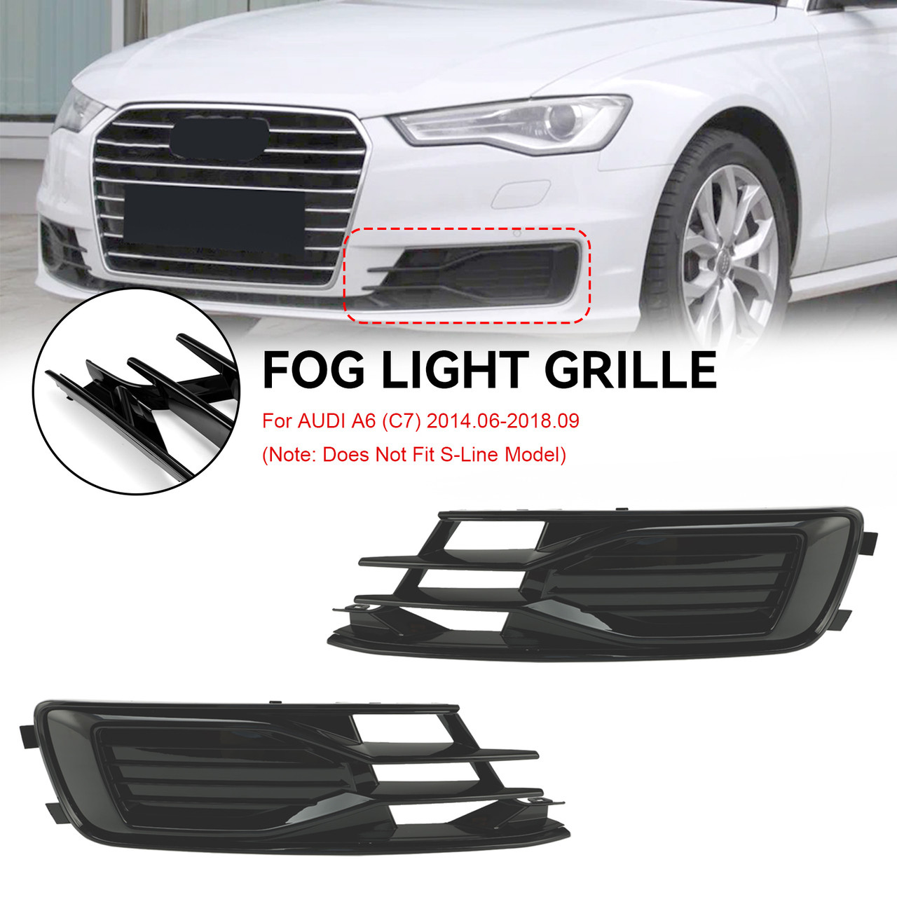 2PCS Front Bumper Foglight Cover Grill Grille Fit Audi A6 C7 2014-2018 Black