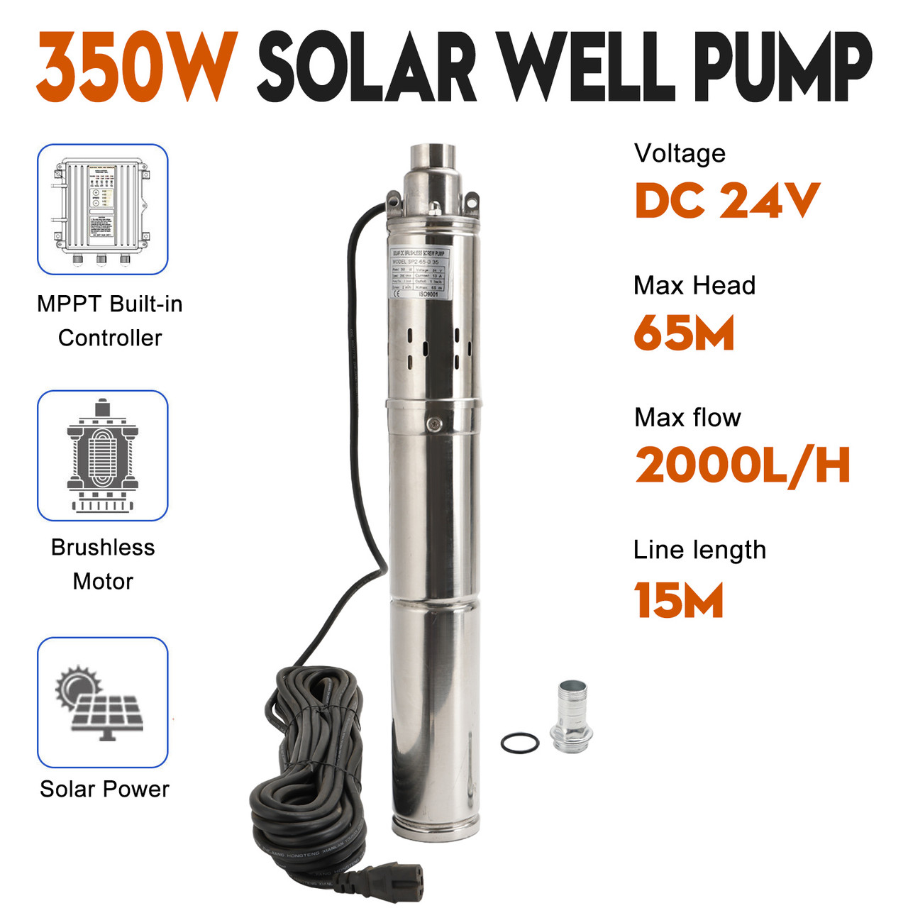 3" 24V 350W MPPT Screw Solar Bore Pump Submersible Deep Well Hole Steel3" 24V 350W Deep Well Solar Submersible Bore Hole Water Pump Built-in MPPT
