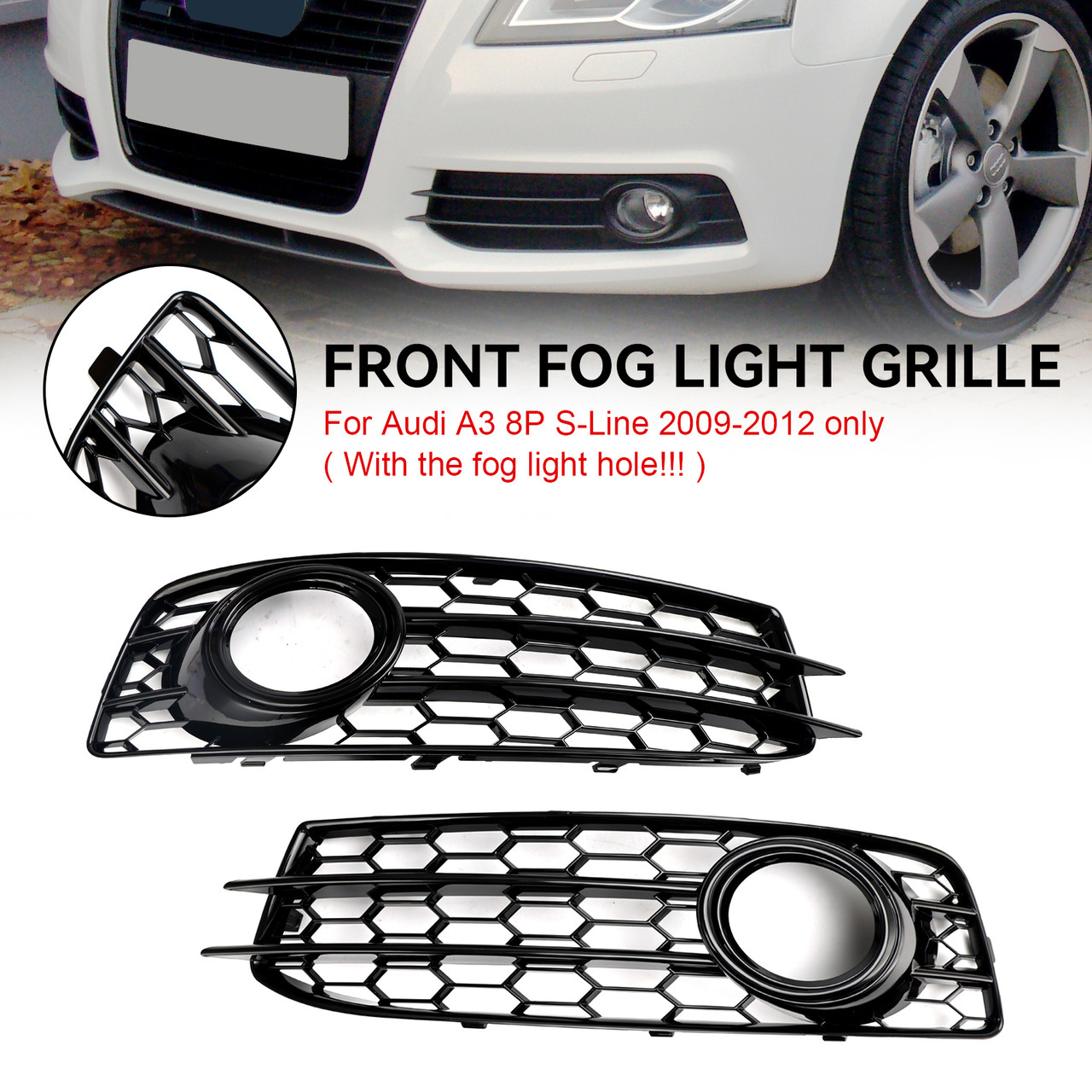 Honeycomb Front Bumper Fog Light Grill Cover Fit Audi A3 8P S-Line 2009-2012