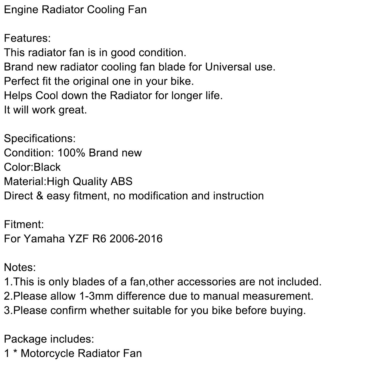 Engine Radiator Cooling Fan Blade For Yamaha YZF R6 YZF-R6 2006-2016