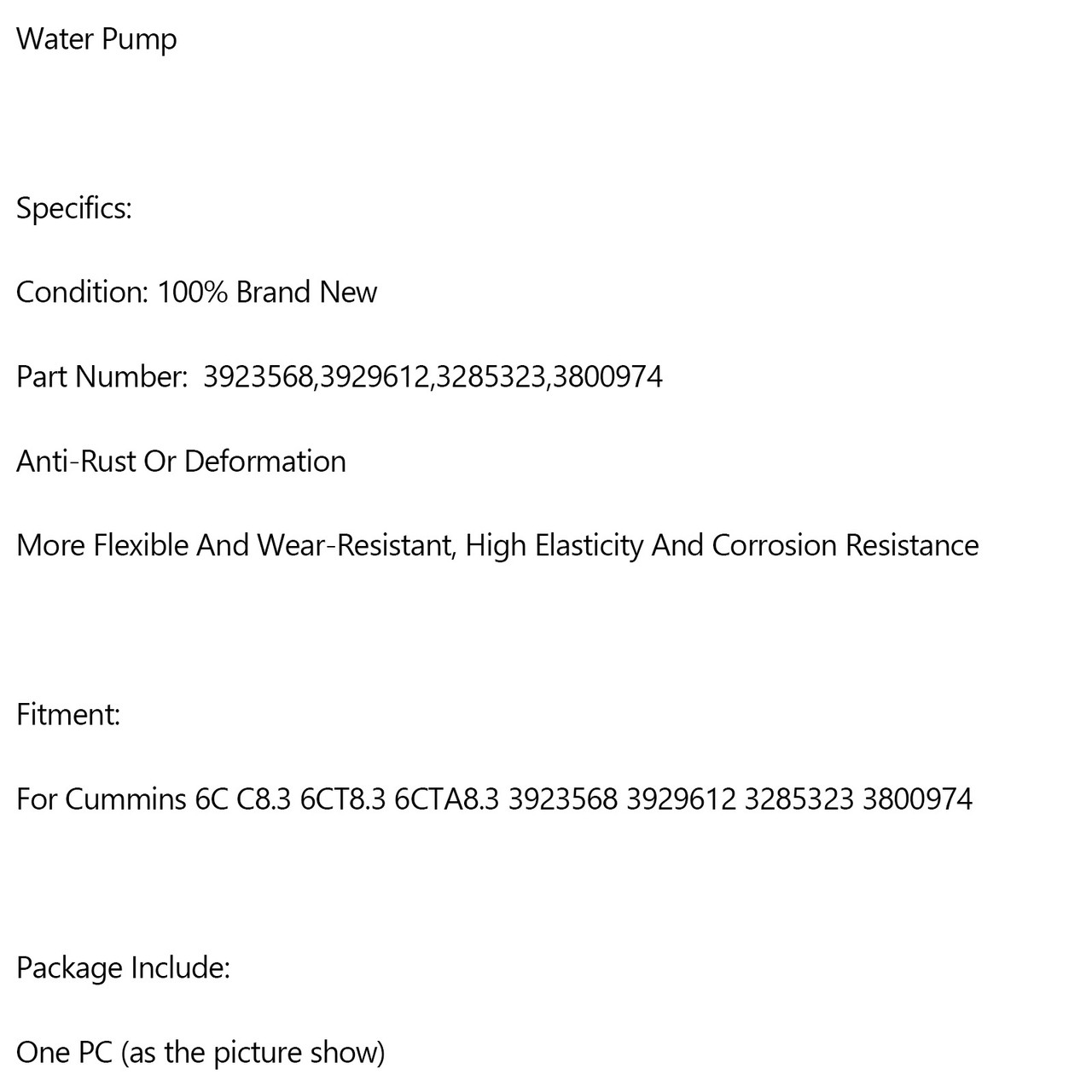 Water Pump 3923568 3929612 3285323 3800974 For Cummins 6C C8.3 6CT8.3 6CTA8.3