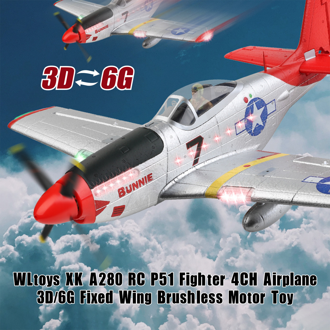 WLtoys XK A280 RC P51 Fighter 4CH Airplane 3D/6G Fixed Wing Brushless Motor Toy