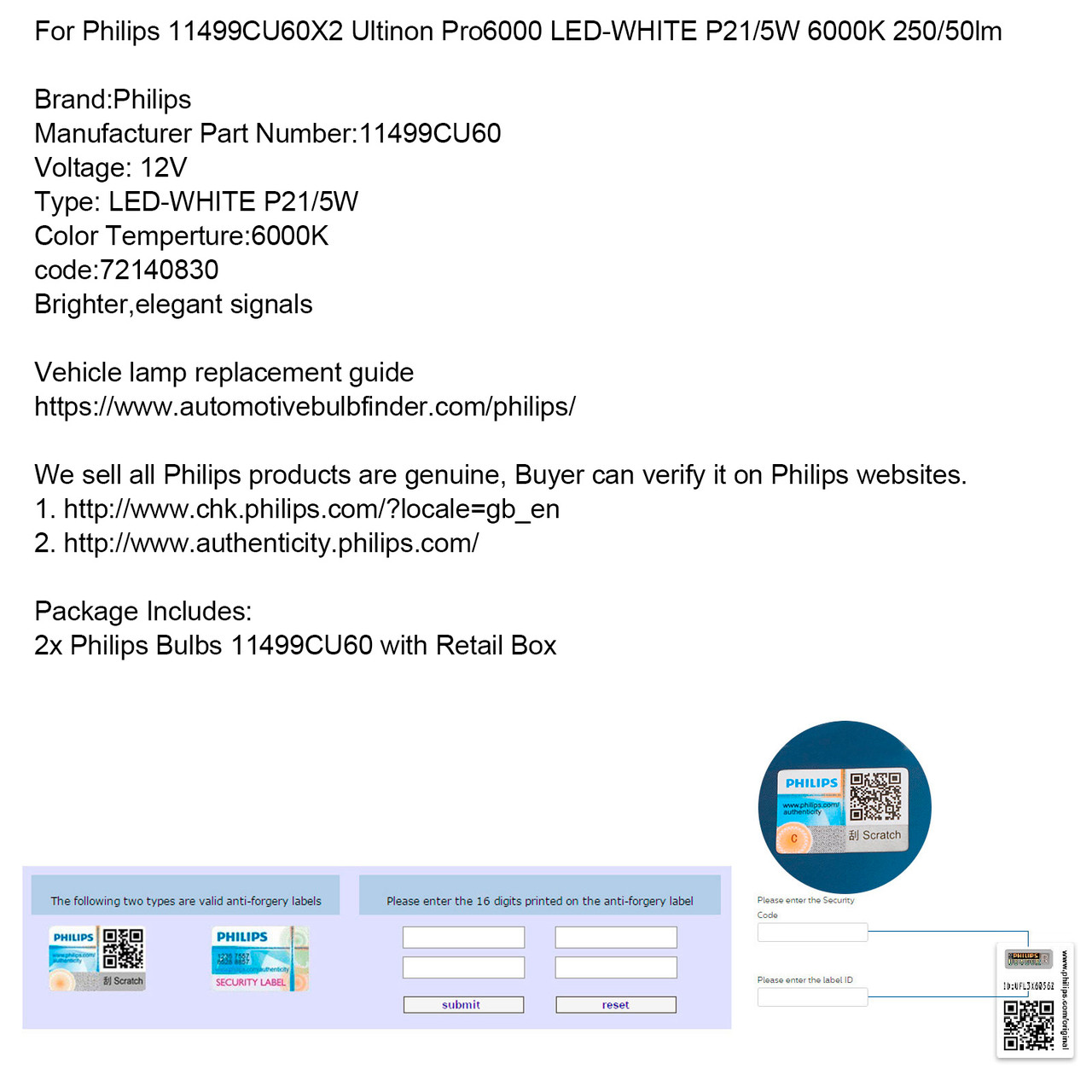 2x P21/5W LED Ultinon Pro6000 BLANC - Philips - 11499CU60X2
