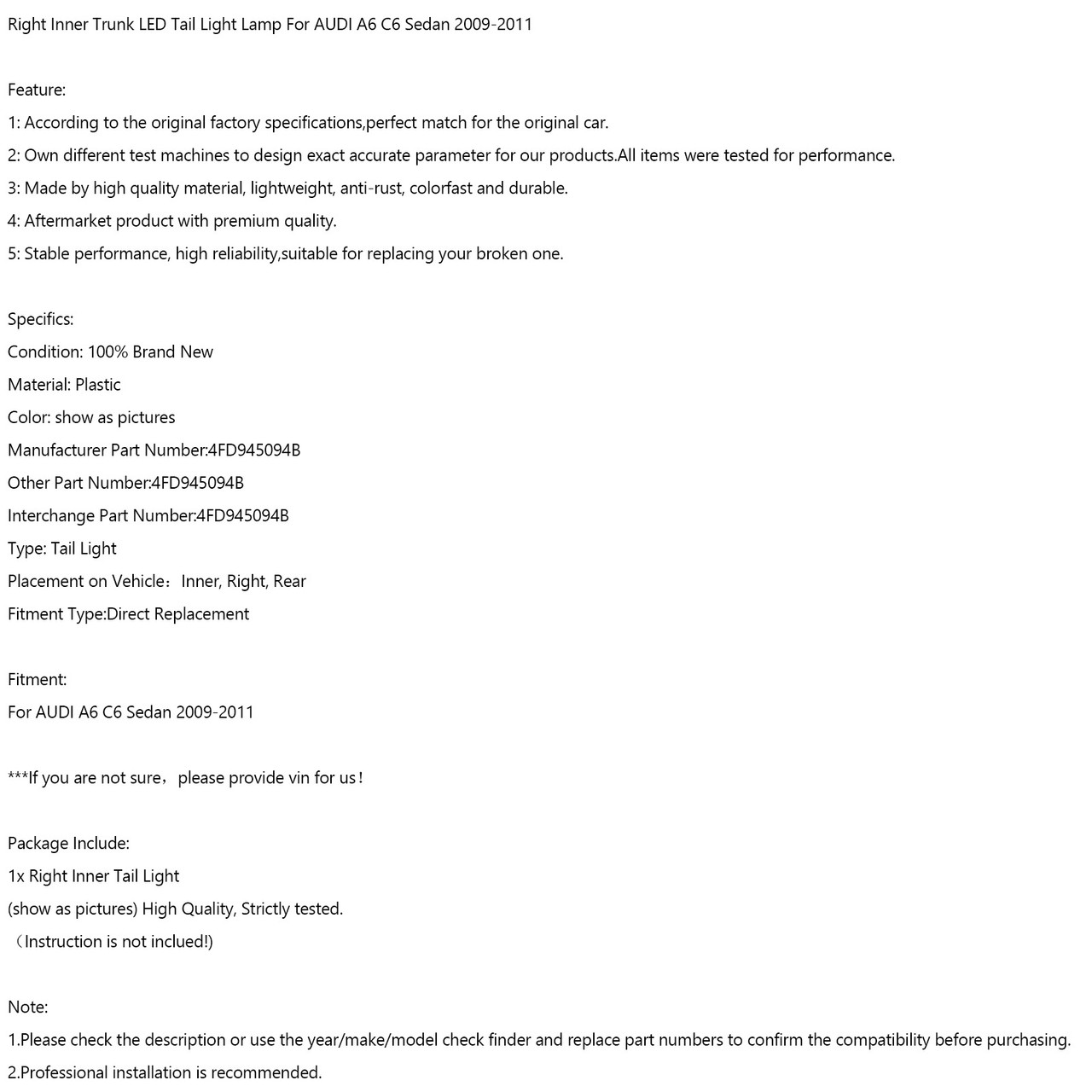 Right Inner Trunk LED Tail Light Lamp For AUDI A6 C6 Sedan 2009-2011