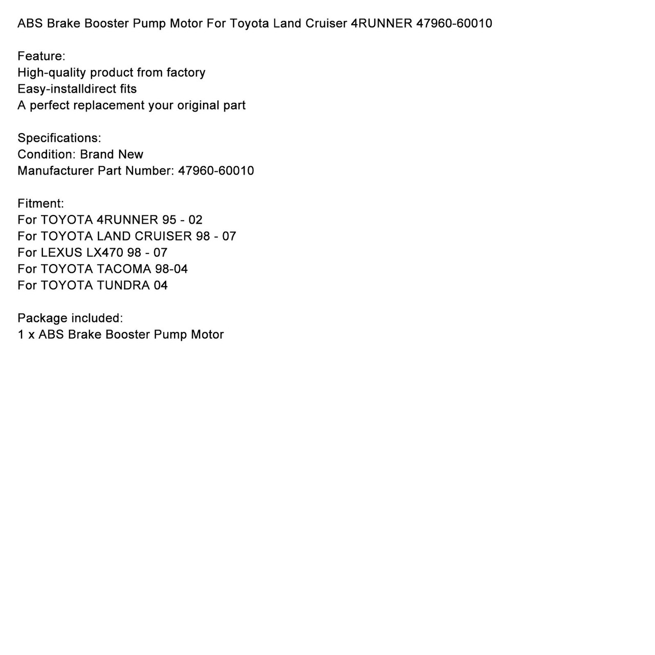ABS Brake Booster Pump Motor For Toyota Land Cruiser 4RUNNER 47960-60010