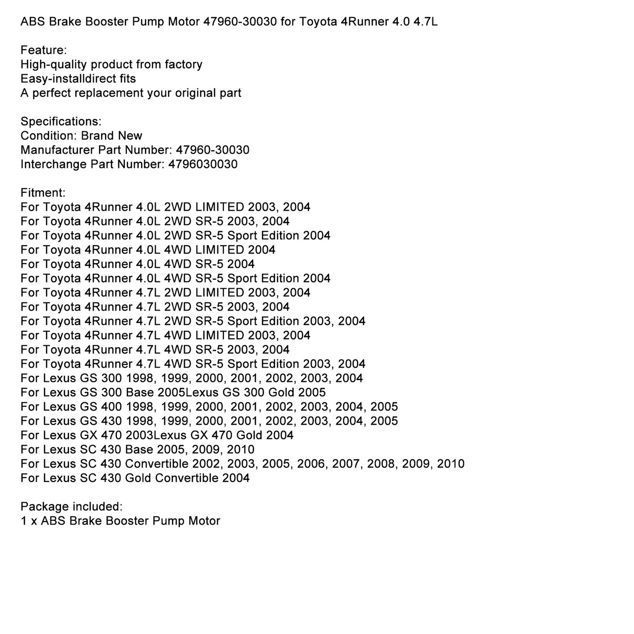 ABS Brake Booster Pump Motor 47960-30030 for Toyota 4Runner 4.0 4.7L