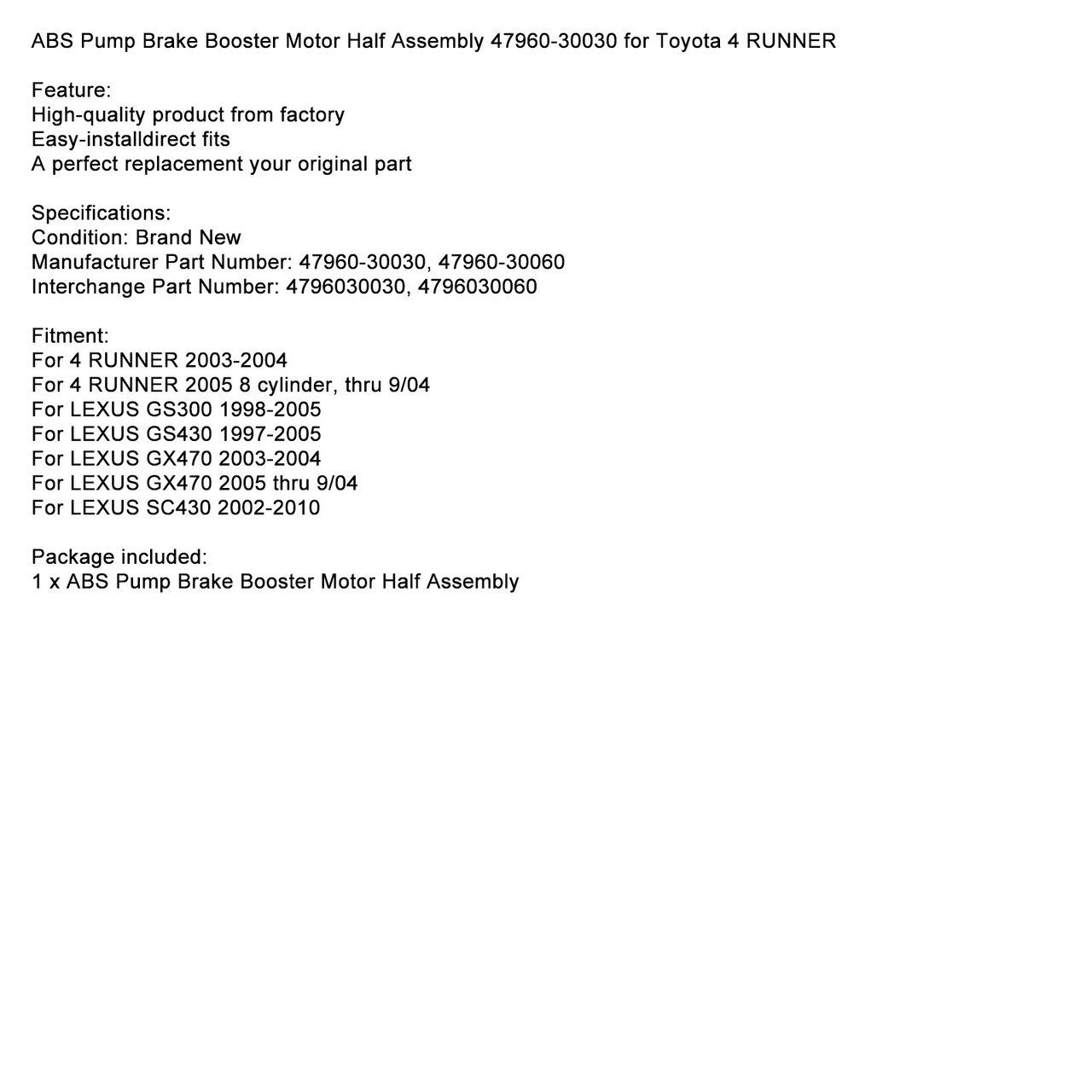 ABS Pump Brake Booster Motor Half Assembly 47960-30030 for Toyota 4 RUNNER