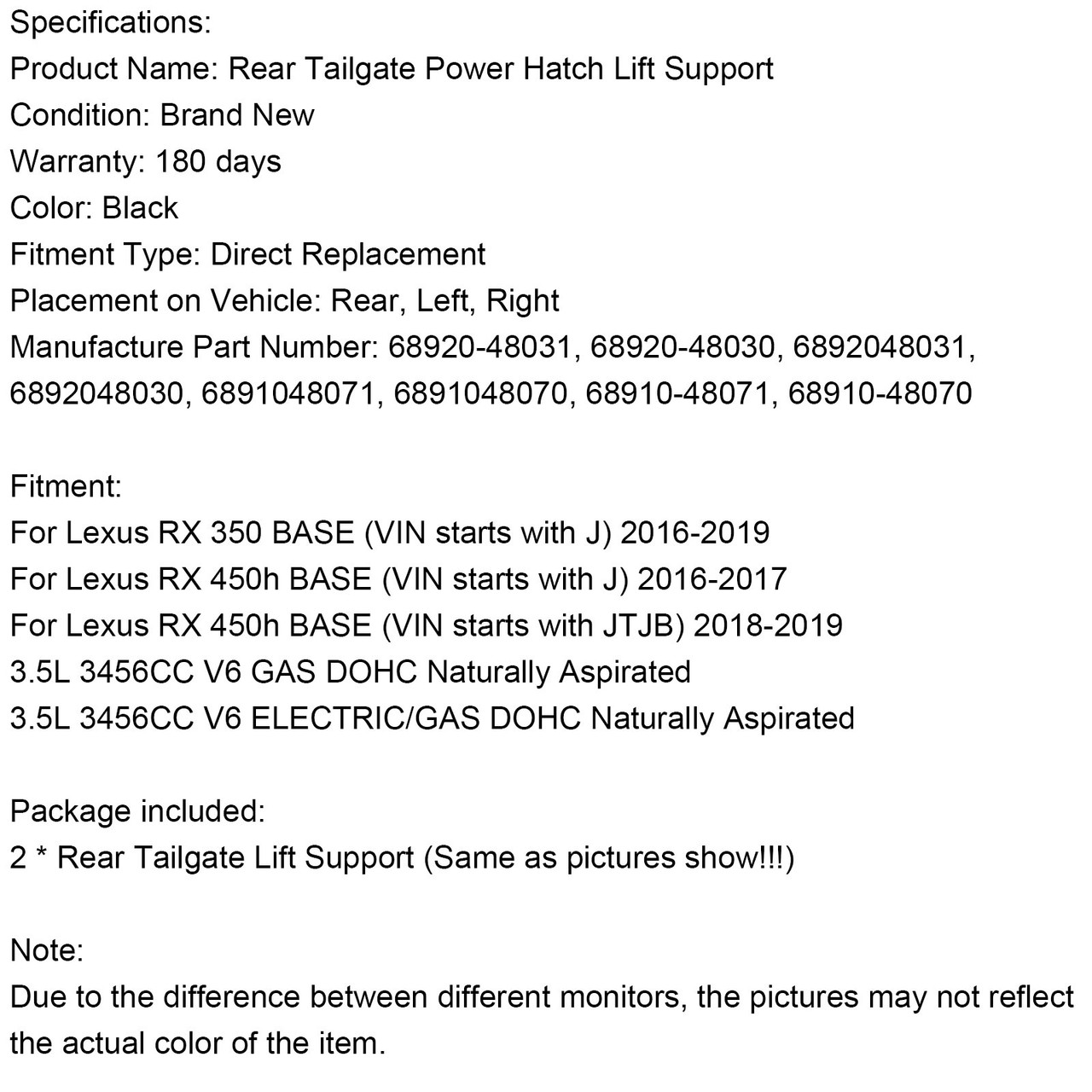2PCS Rear Tailgate Support Struts 6892048031 Fit Lexus RX350 RX450h 2016-2019