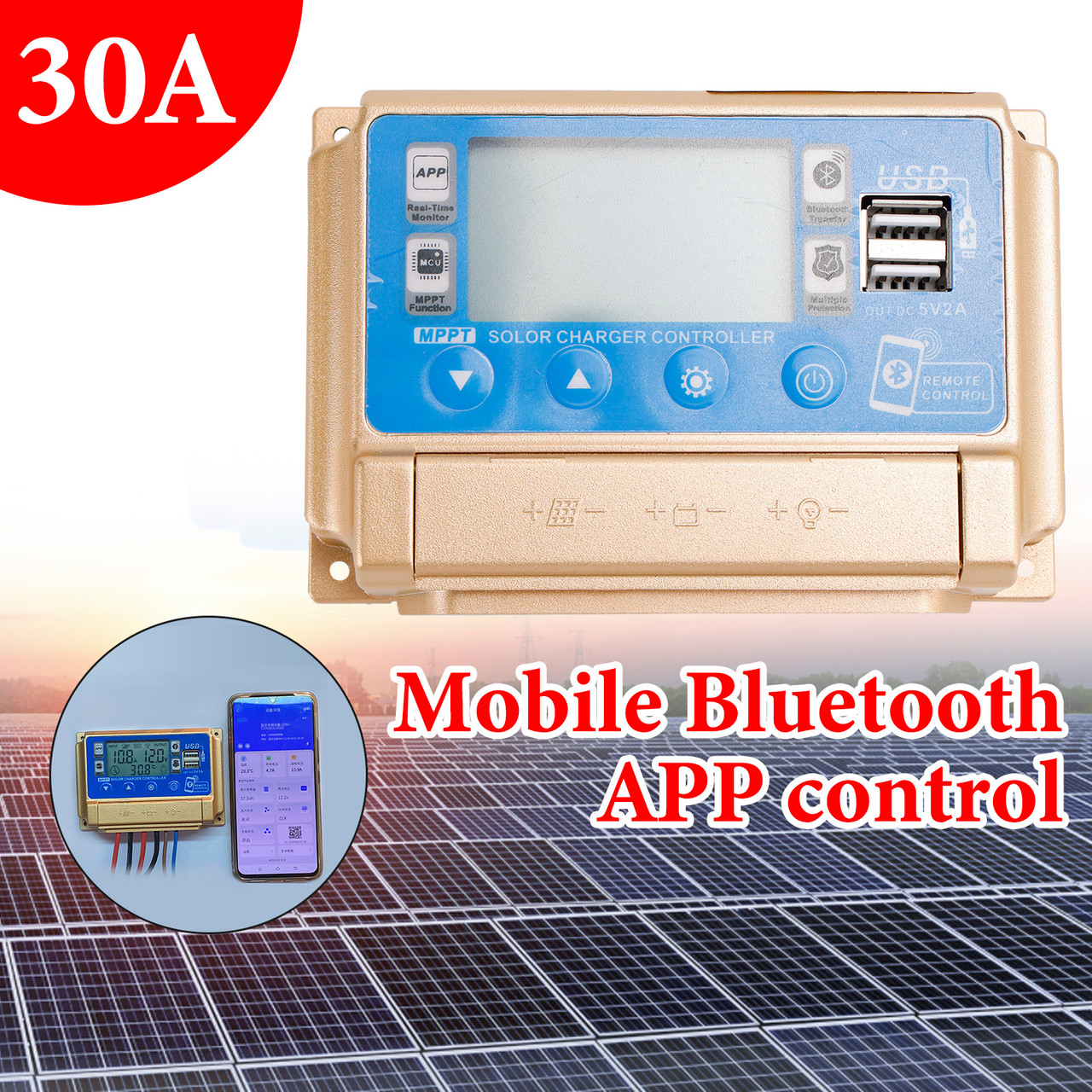 30A MPPT Bluetooth APP Solar Charge Controller Charger Fits 12V/24V Battery Gold