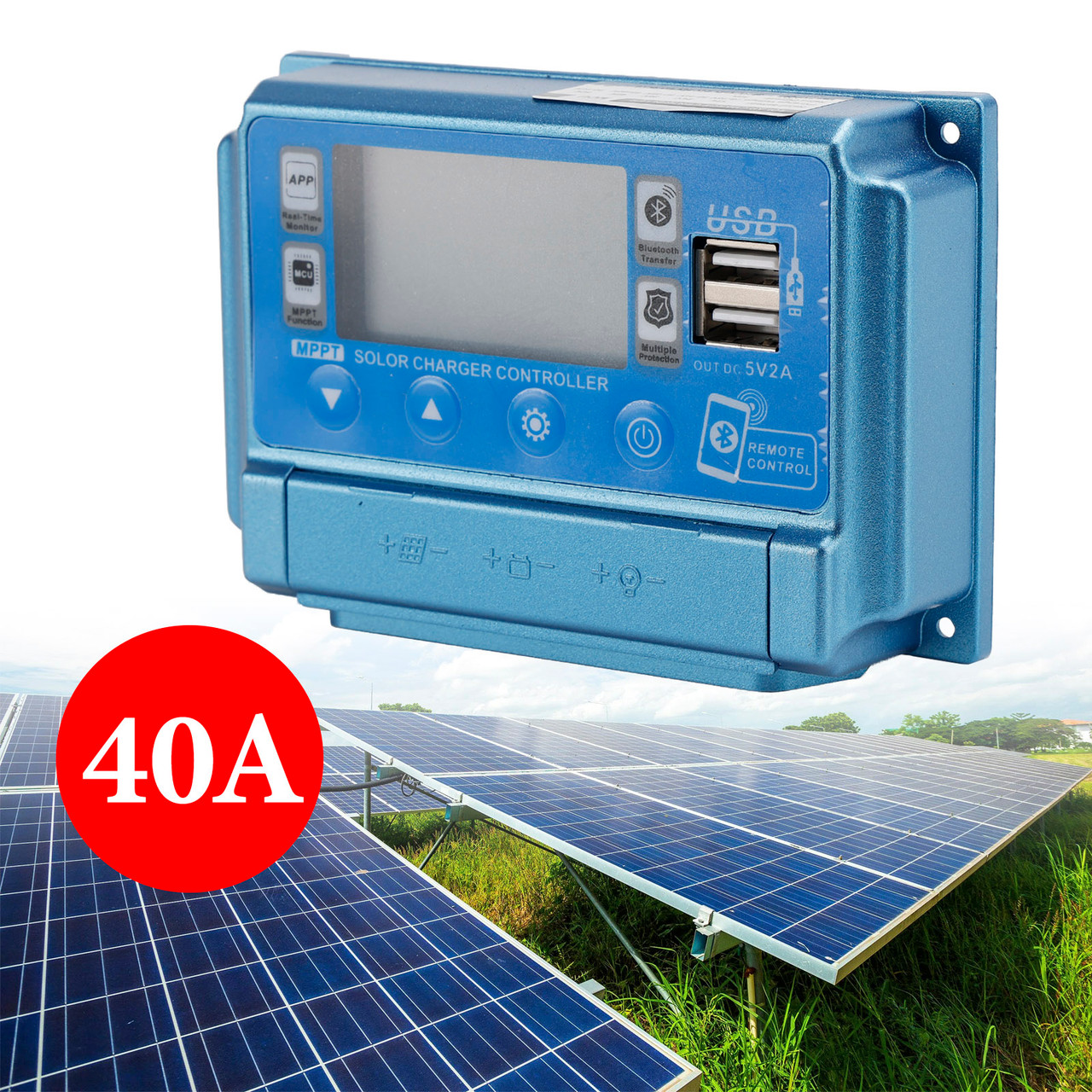 40A MPPT Bluetooth APP Solar Charge Controller Charger Fits 12V-60V Battery Blue