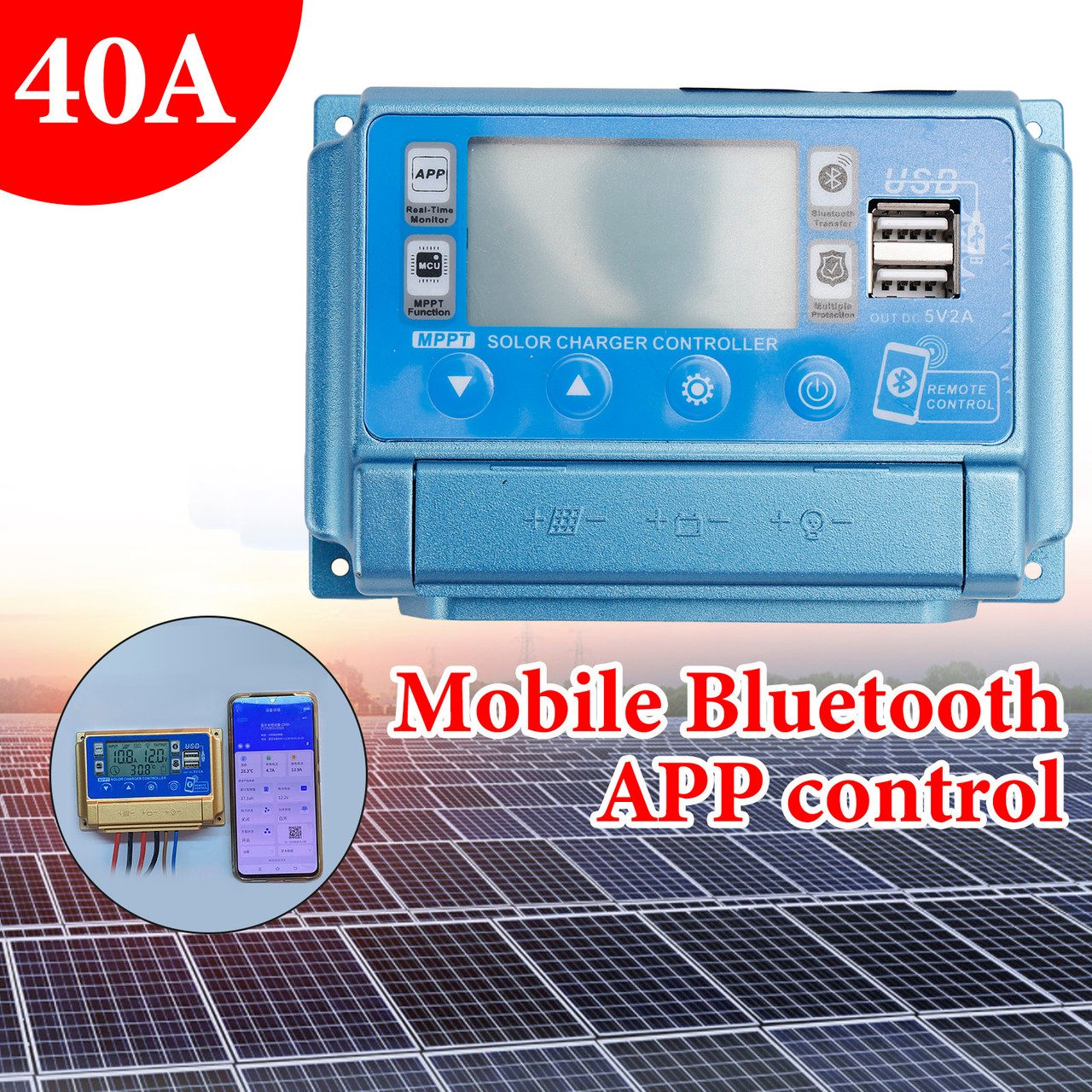 40A MPPT Bluetooth APP Solar Charge Controller Charger Fits 12V-60V Battery Blue