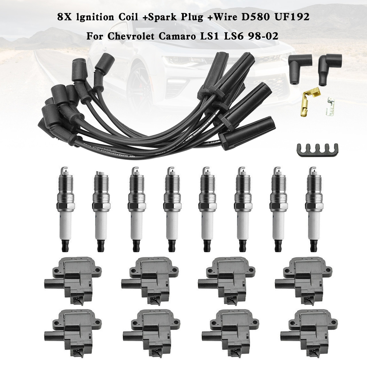 8X lgnition Coil +Spark Plug +Wire D580 UF192 For Chevrolet Camaro LS1 LS6 98-02