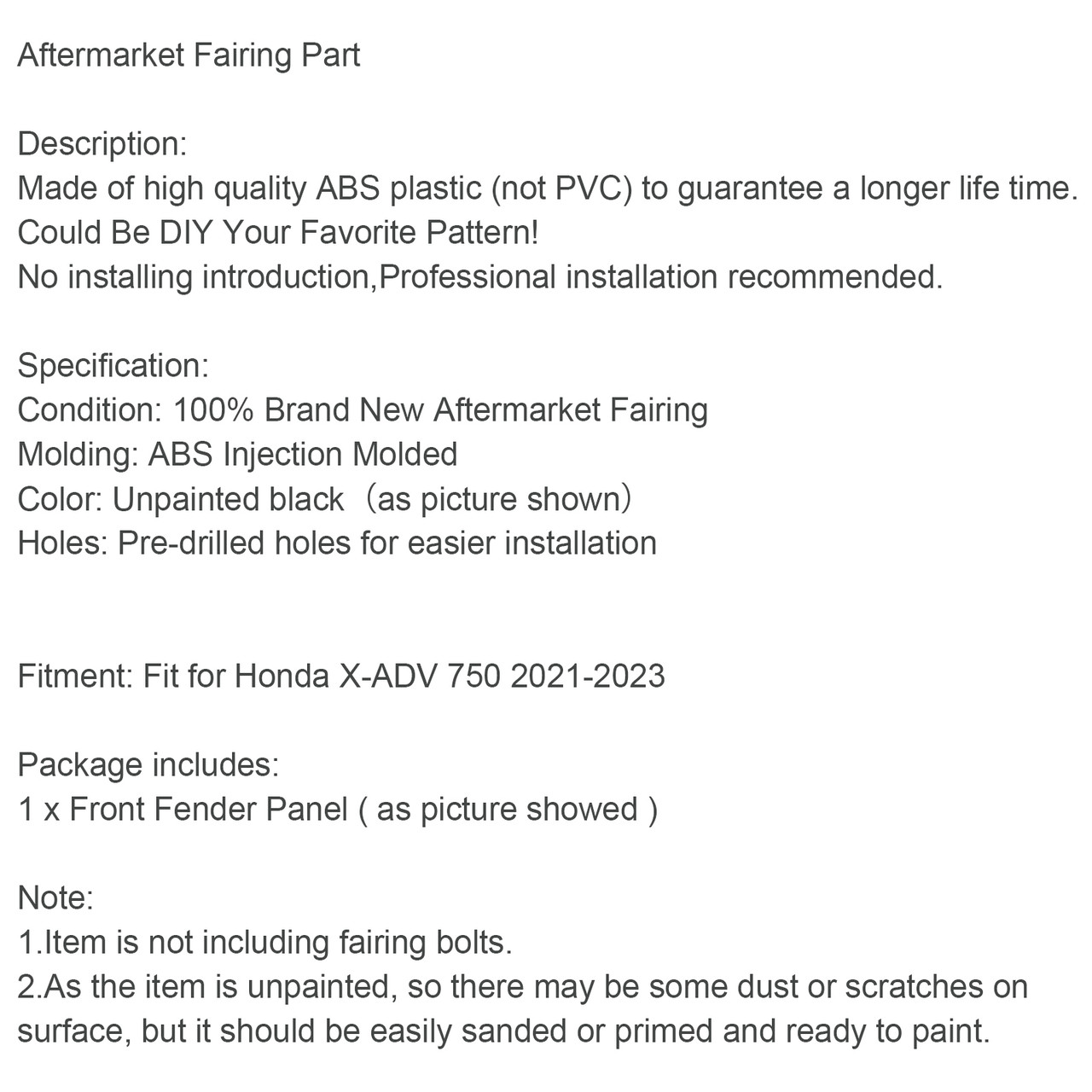 Unpainted ABS Front Fender Panel Fairing Cowl for Honda X-ADV 750 2021-2023