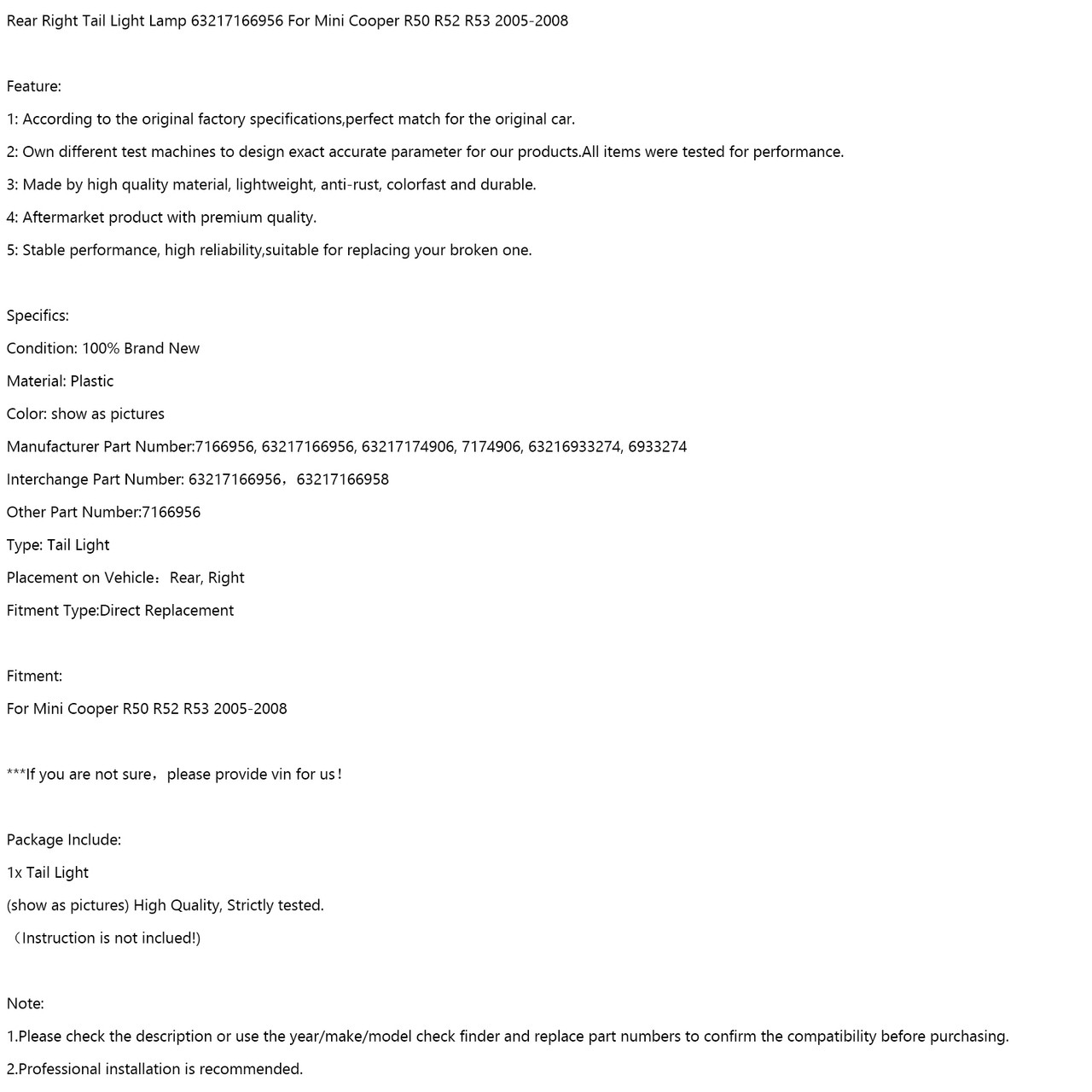 Rear Right Tail Light Lamp 63217166956 For Mini Cooper R50 R52 R53 2005-2008