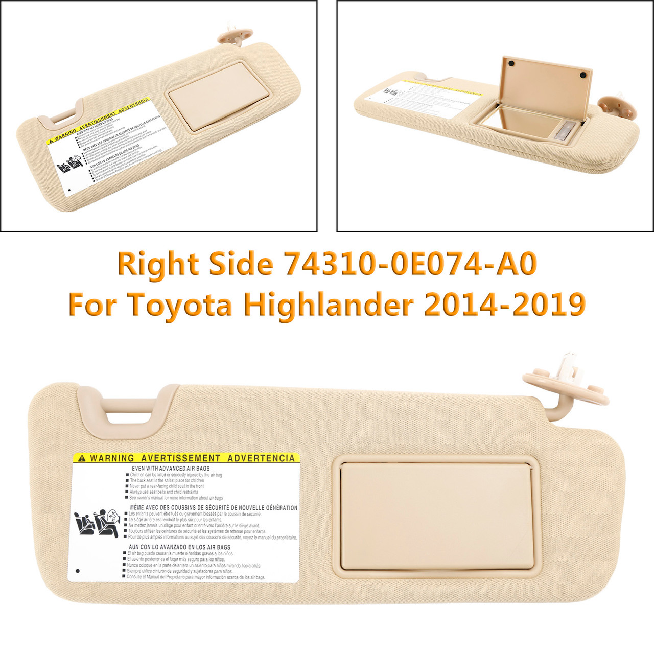 Right Side Sun Visor W/Vanity Light 74310-0E074-A0 For Toyota Highlander 2014-19