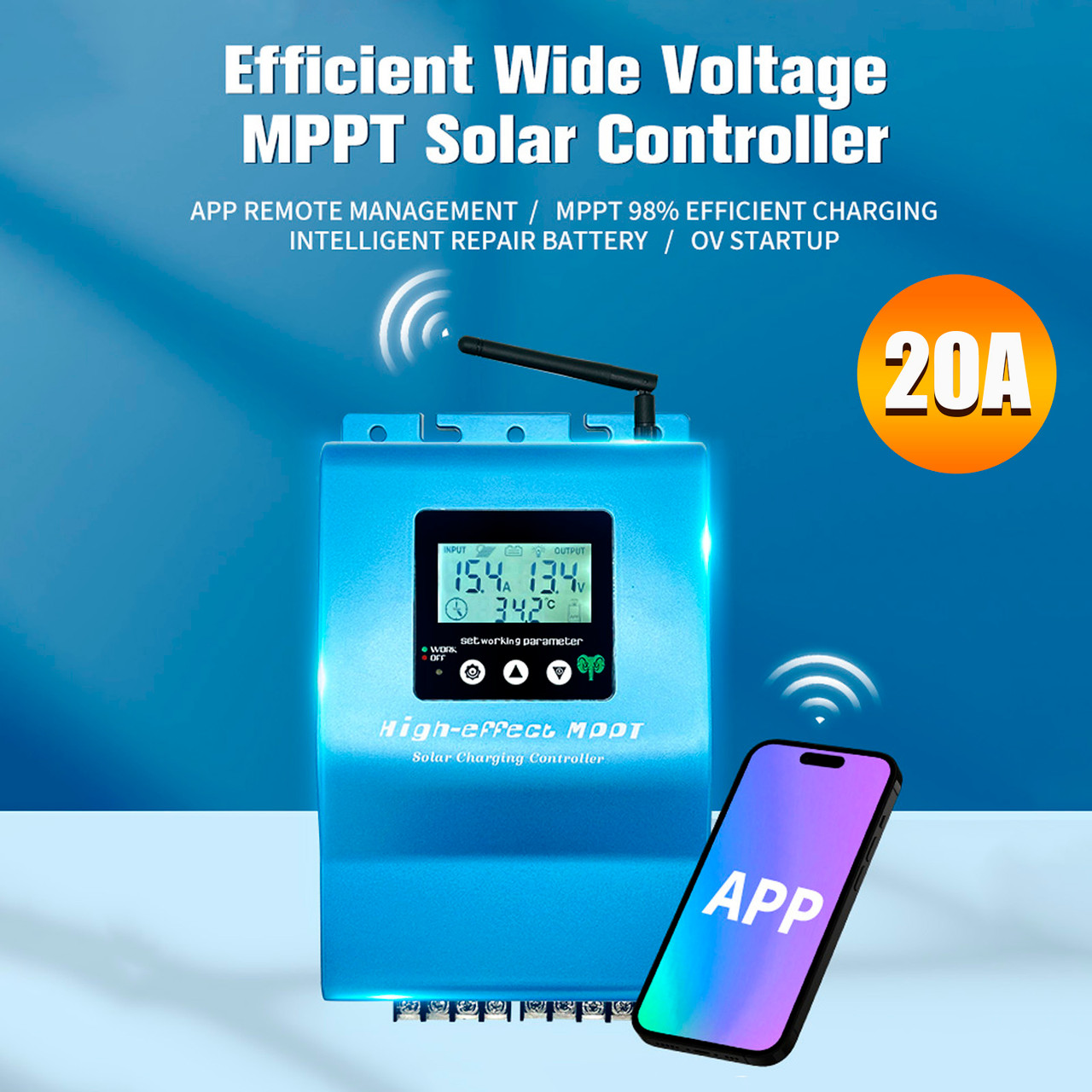 20A MPPT Solar Controller Smart APP to Remotely Manage Photovoltaic Controller