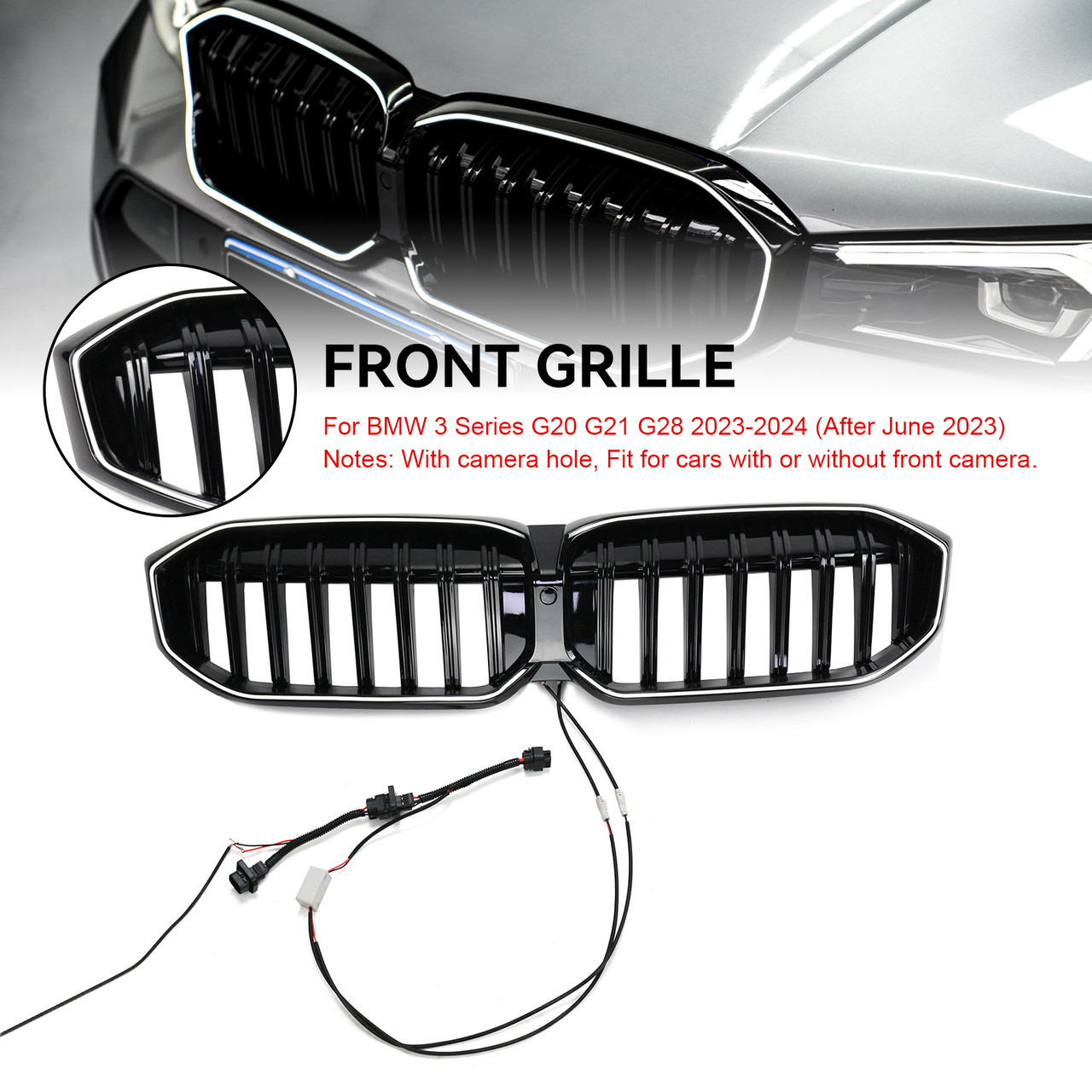 Gloss Black Front Kidney Grille Mesh Fit BMW 3 Series G20 G28 2023-2024